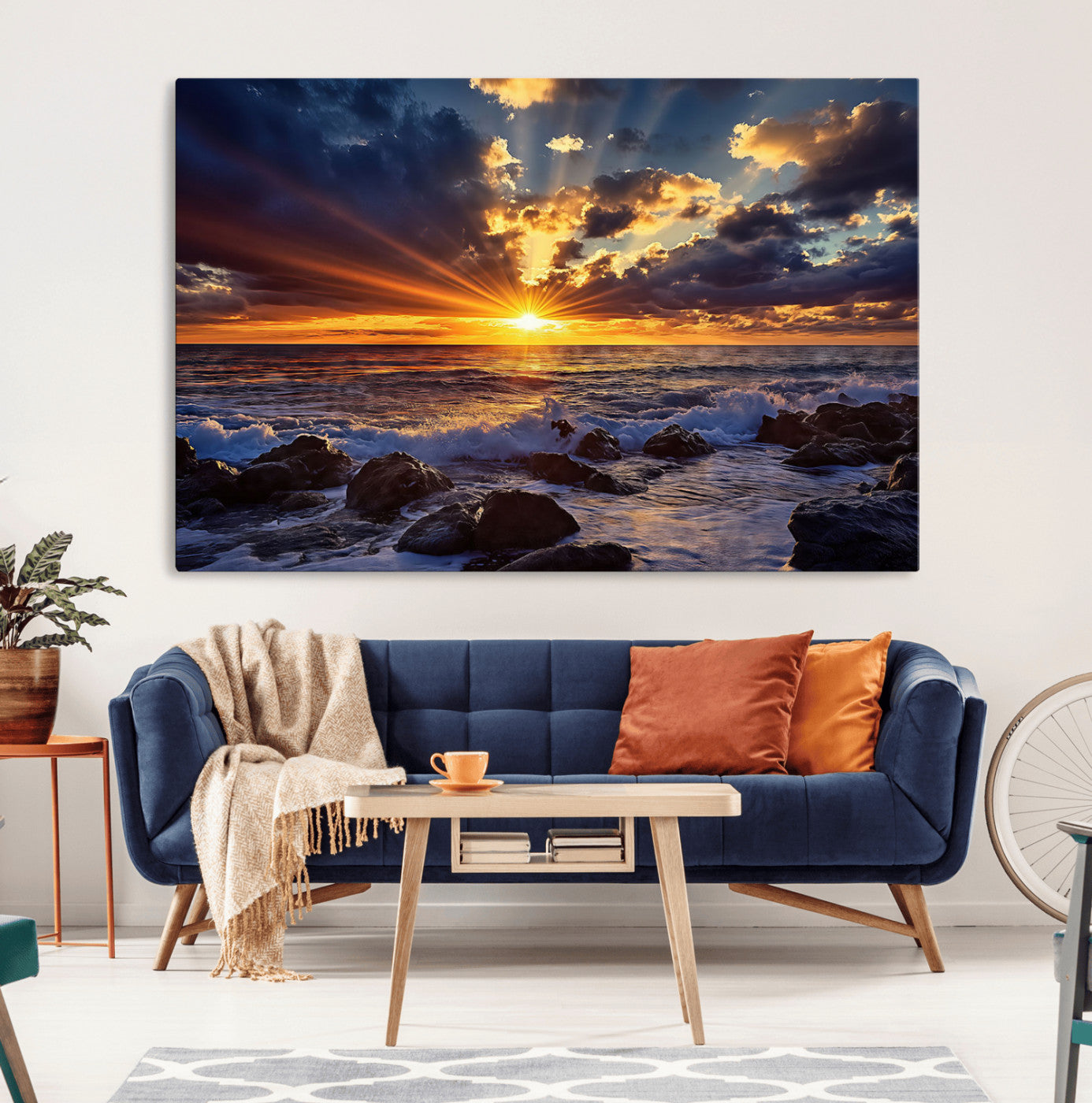 35900590-MGV-CV-36X24-Sunset Ocean Wall Art Canvas Print – Waves Rocky Shore Dramatic Sky Sun Rays Golden Light Nature Artwork for Home Office