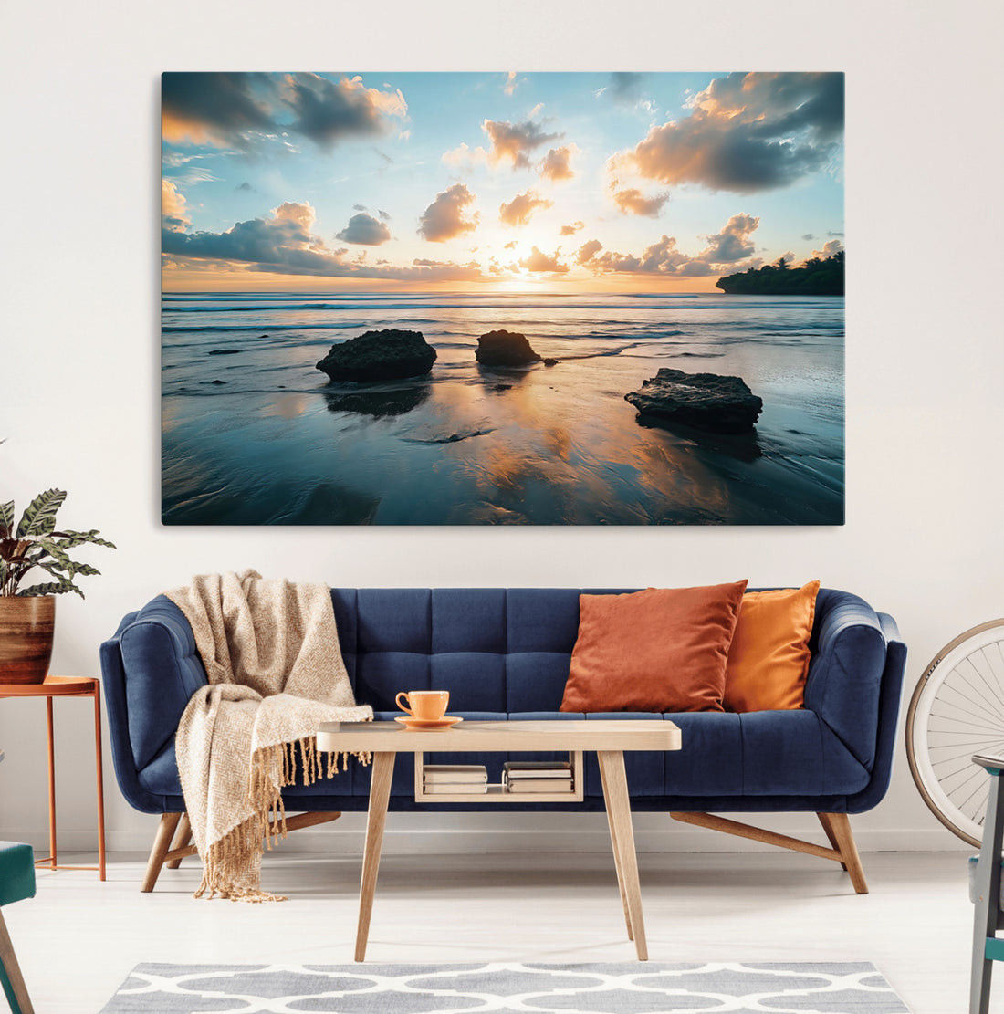 Rocky Ocean Sunset Wall Art Print, Seaside Canvas with Dramatic Waves and Golden Sky