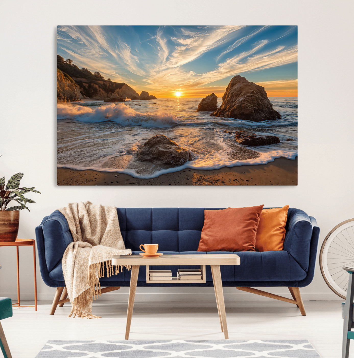 85659923-MGV-CV-36X24-Rocky Ocean Sunset Wall Art Print – Seaside Canvas Dramatic Seascape Waves Golden Sky Artwork for Home Office