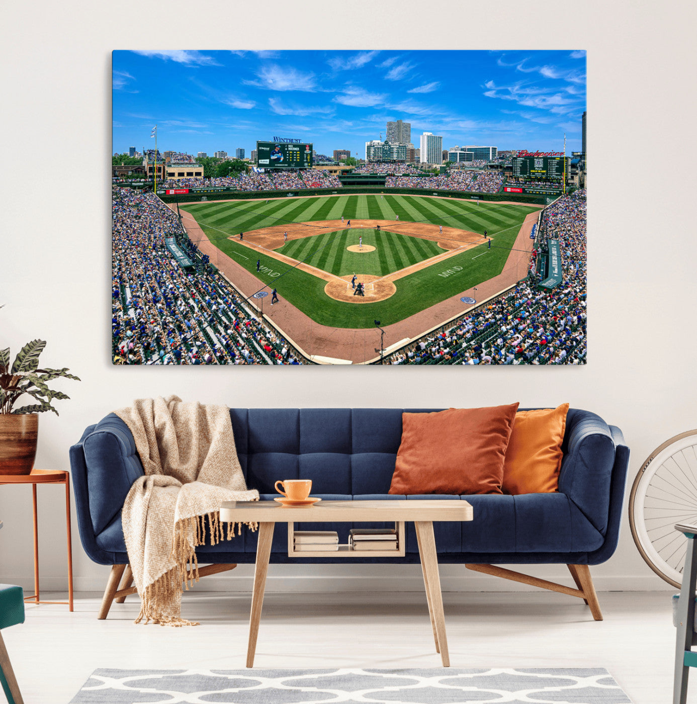 Wrigley Field Baseball Stadium Canvas Wall Art, Packed Crowd Sports Stadium Print, City Skyline Baseball Field Canvas for Game Room Decor