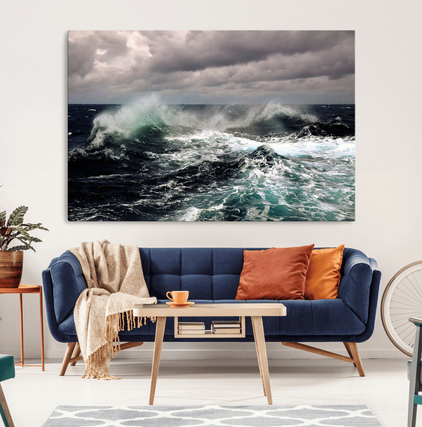 Powerful ocean waves crashing under stormy skies, creating a dynamic and intense seascape.