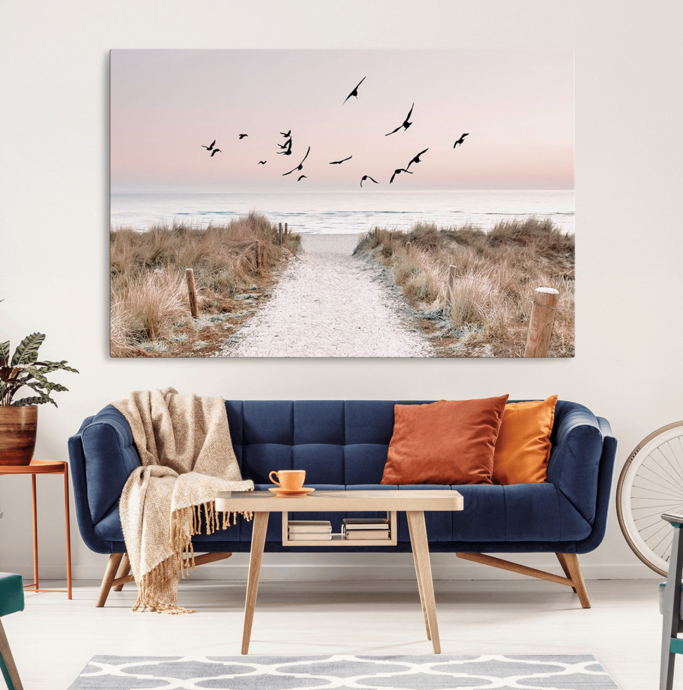 34632598-MGV-CV-36X24-Coastal Pathway Canvas Wall Art Print – Framed Seaside Landscape Decor Large Beach and Birds Artwork for Home Office