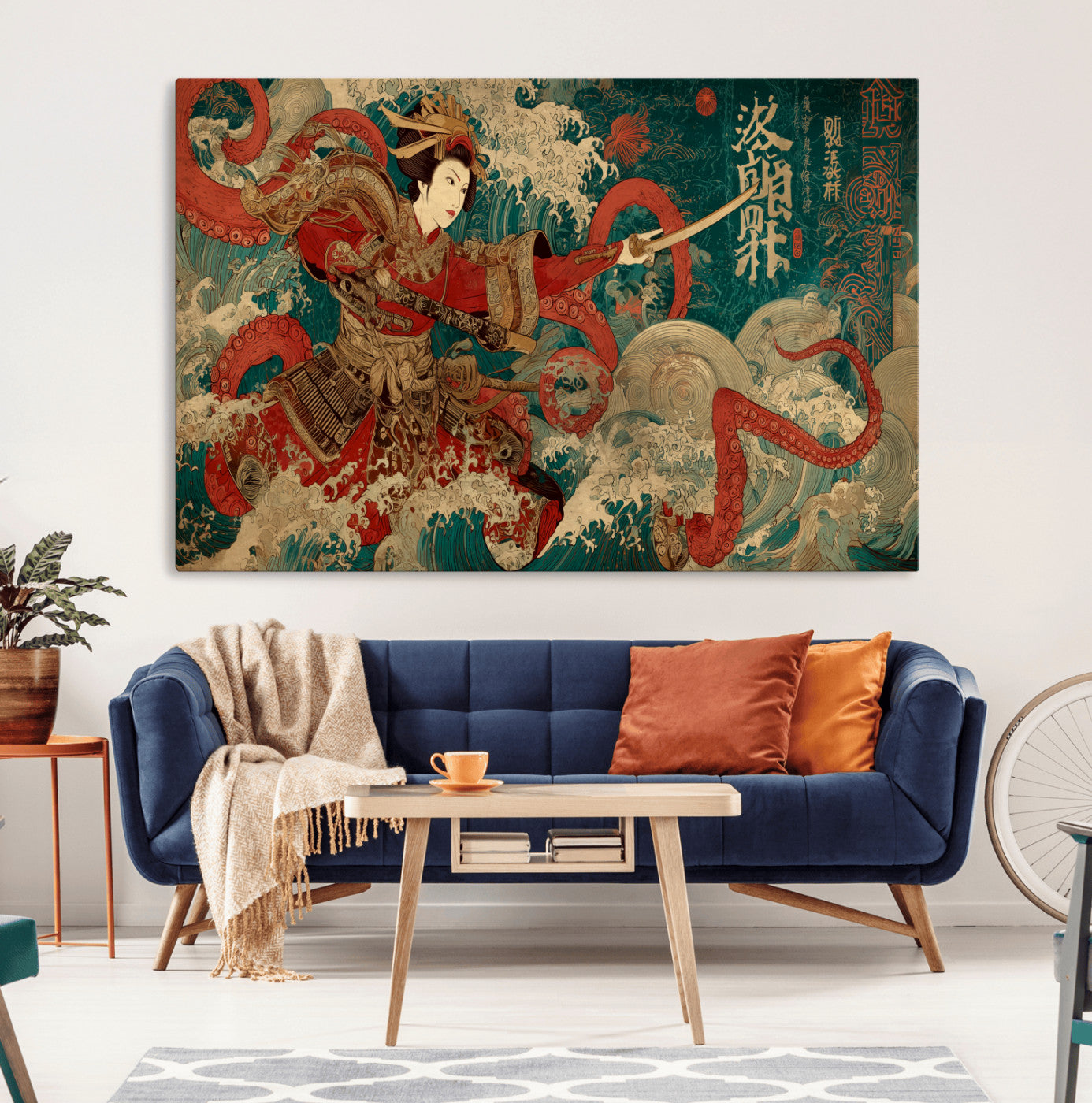 MGV-CV-36X24 - Tsukioka Yoshitoshi Samurai Wall Art Print, Japanese Katana Warrior Canvas Wall Art, Octopus Sea Monster Canvas Print,