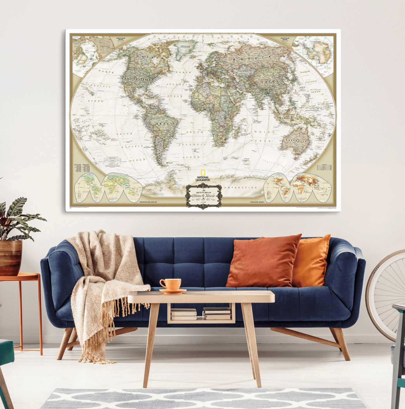 62071694-MGV-CV-36X24-Vintage World Map Wall Art Canvas Print, Classic Global Atlas with Antique Details Artwork for Home, Office