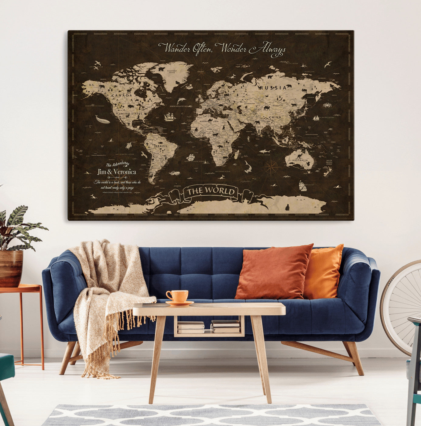 47004909-MGV-CV-36X24-Customize Push Pin World Map Wall Art Canvas Print – Personalized Map for Kids Room – Framed Custom Animal Map for Stady Room Decor
