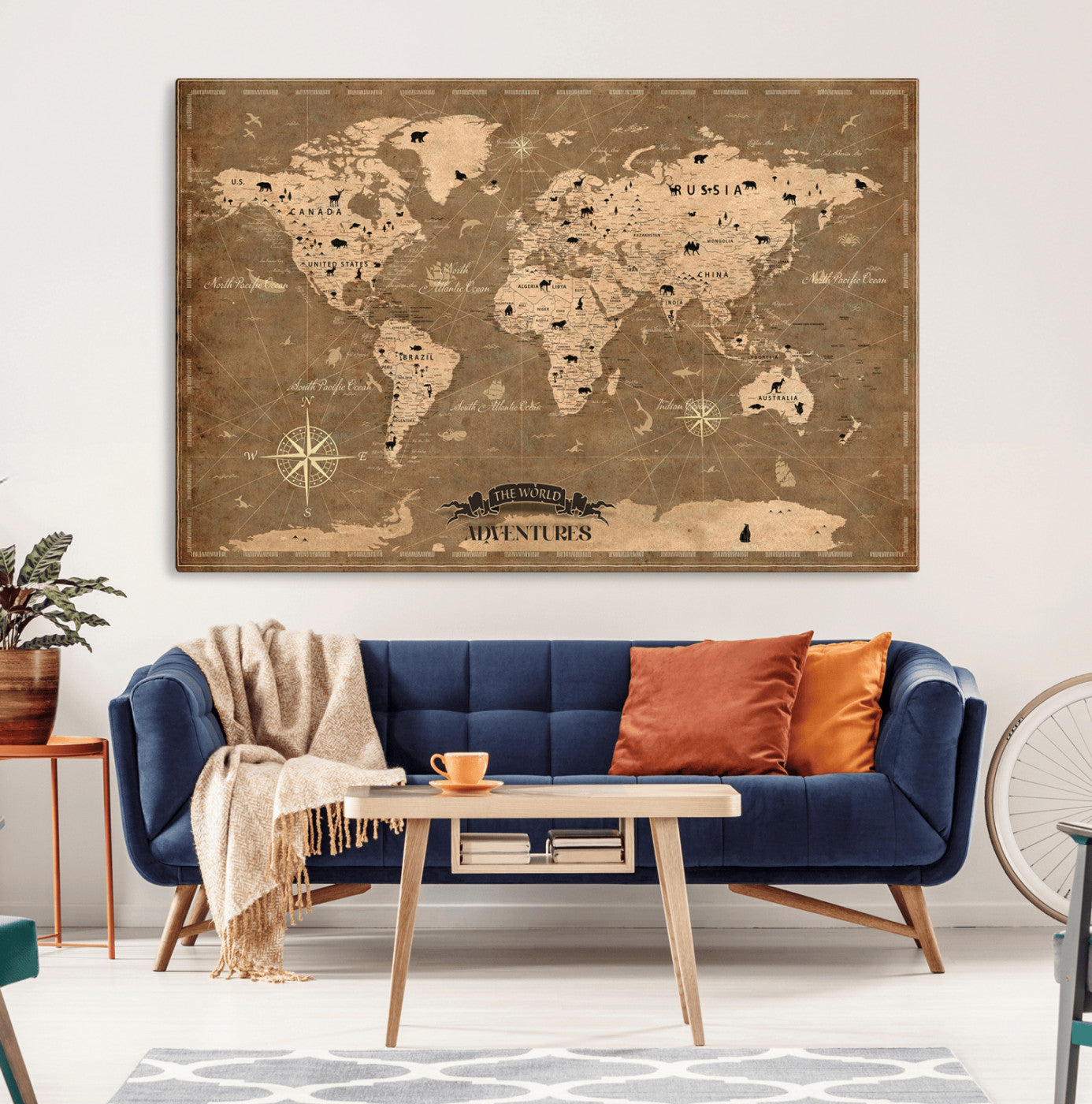 Rehber01-MGV-CV-36X24-Customize Push Pin World Map Wall Art Canvas Print – Personalized Kids Room Framed Map Travel Tracker for home, office