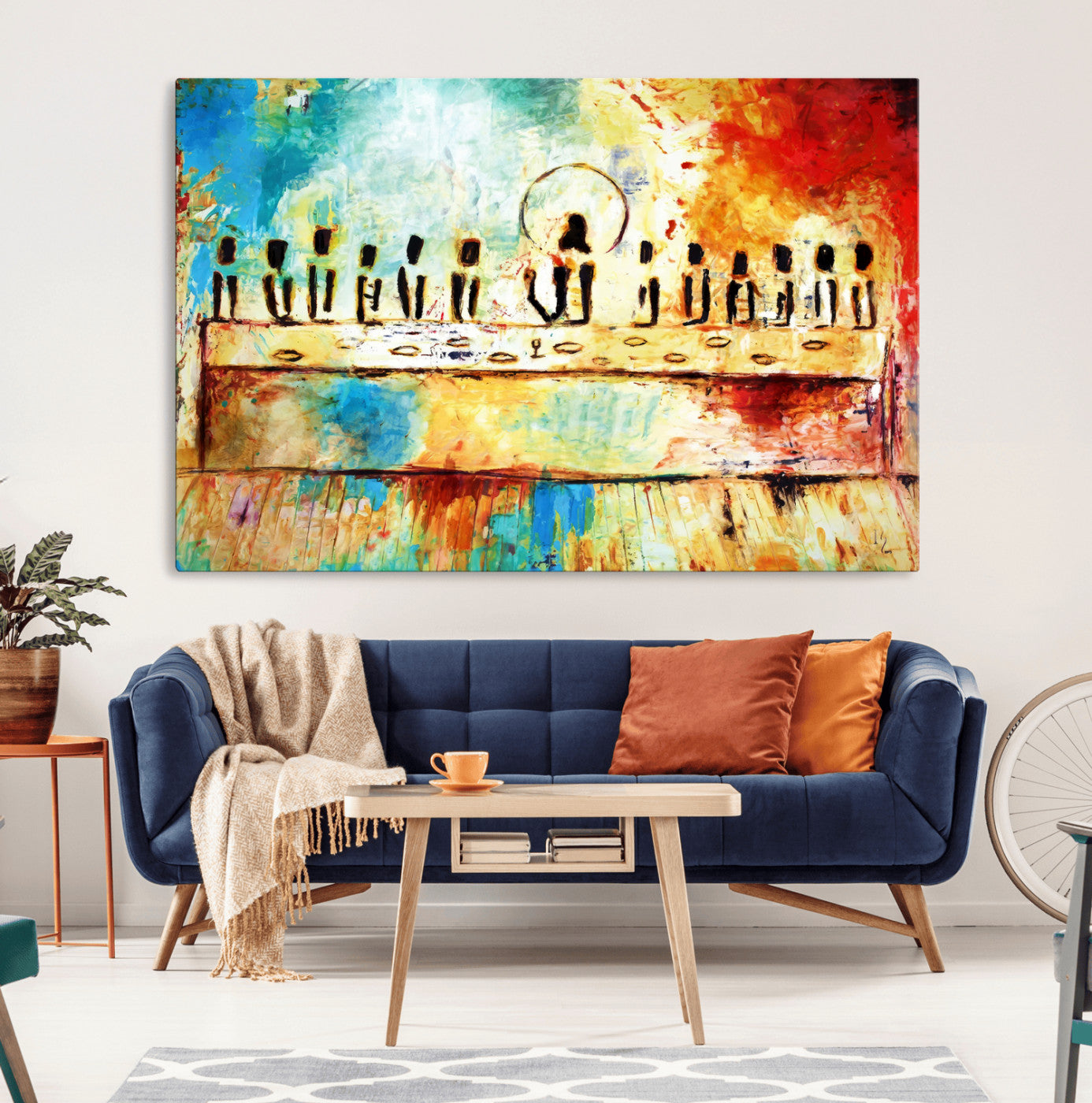YKE34632598CR-MGV-CV-36X24-Abstract Last Supper Wall Art Canvas Print – Apostles Gathering Modern Spiritual Colorful Artwork for home, office