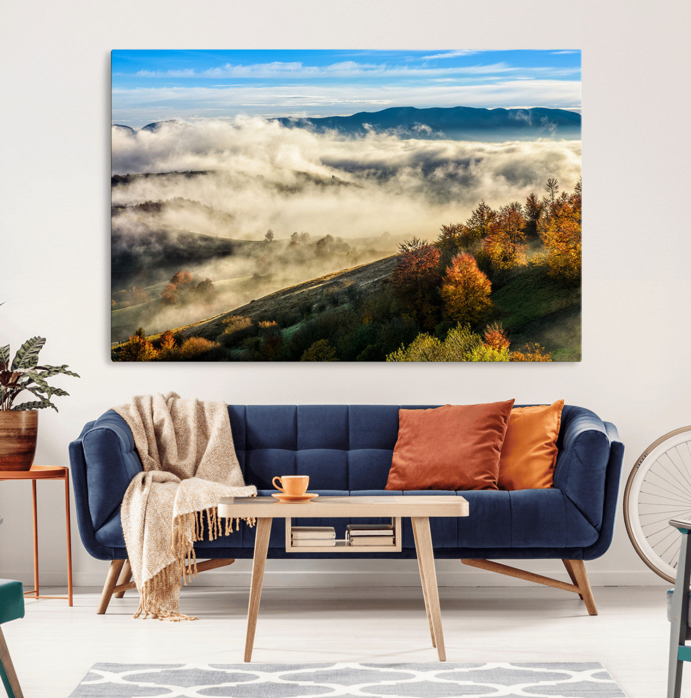 21551192-MGV-CV-36X24-Misty Autumn Hills Wall Art Canvas Print, Foggy Forest Landscape with Fall Foliage and Serene Mountain Decor for Home, Office