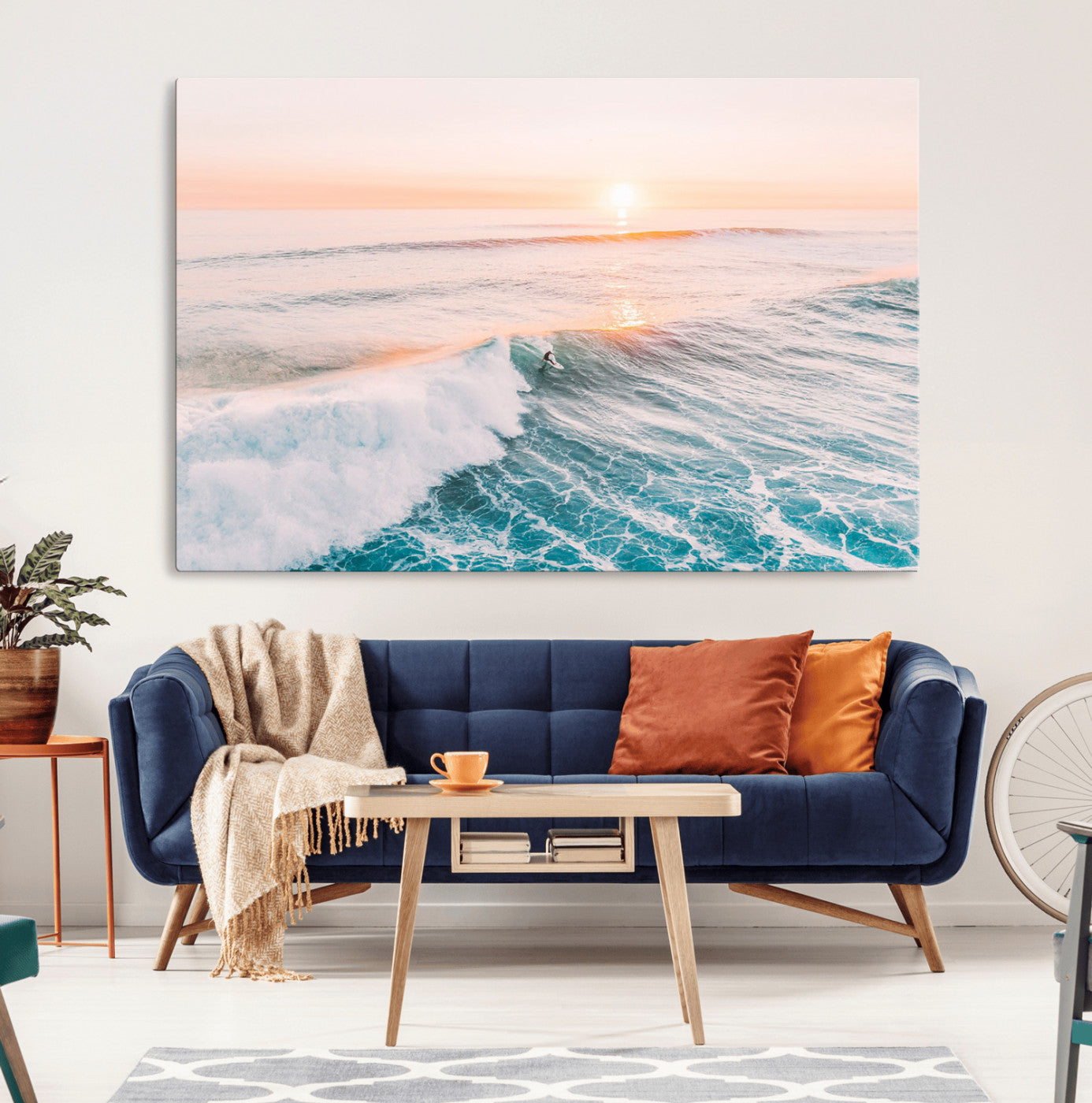 34064591-MGV-CV-36X24-Sunset Surfing Wall Art Canvas Print, Ocean Wave Surfer with Golden Sky Artwork for Home, Office, Living Room
