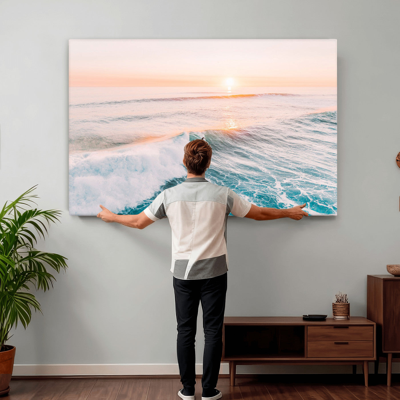 34064591-MGV-CV-36X24 - Sunset Surfing Wall Art Canvas Print, Ocean Wave Surfer with Golden Sky Artwork for Home, Office, Living Room