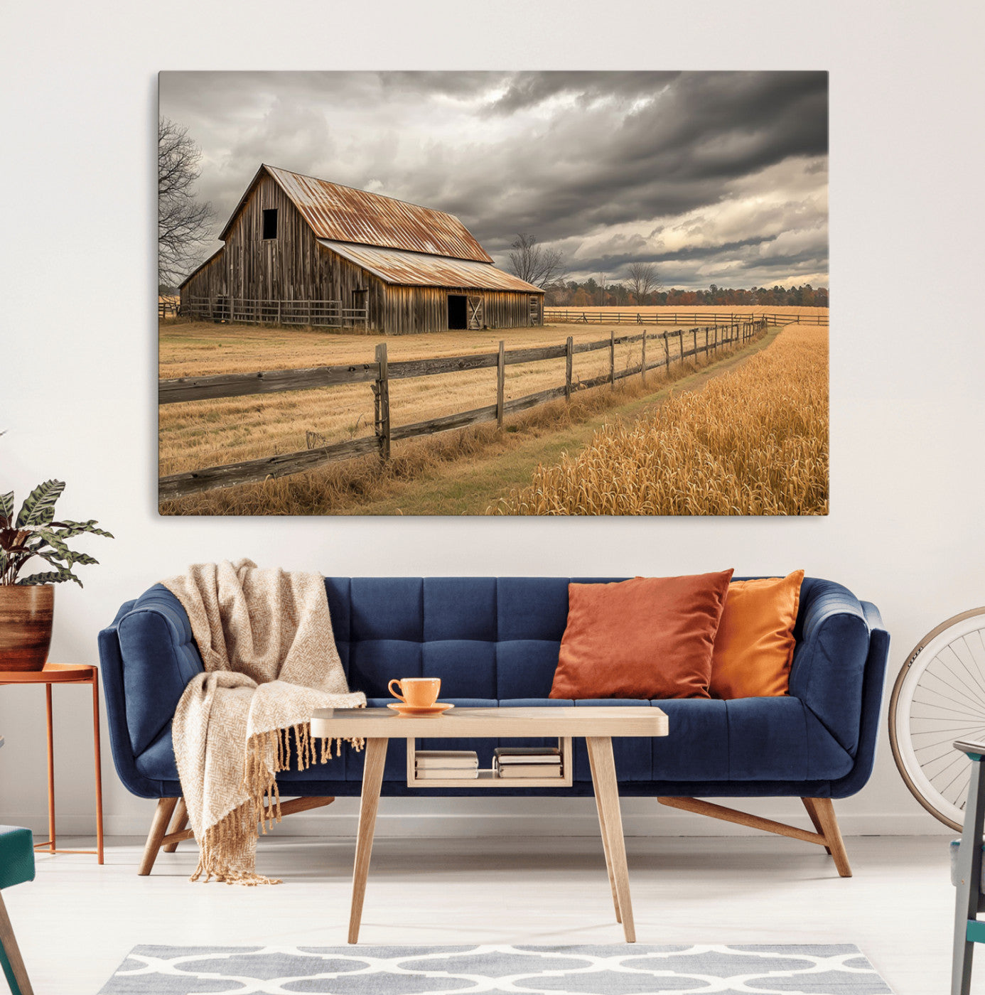 21991117-MGV-CV-36X24-Rustic Farm Barn Wall Art Canvas Print, Stormy Sky Country Landscape Artwork for Home, Office, Living Room