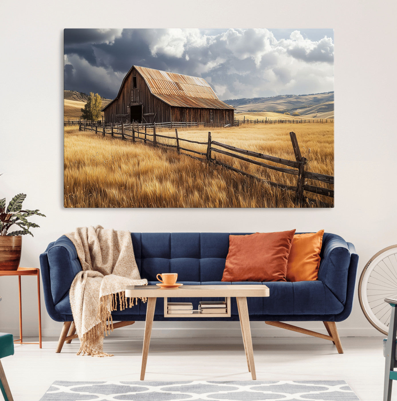 "Rustic barn surrounded by golden fields, a wooden fence, and dramatic storm clouds in the sky, capturing a serene countryside landscape."