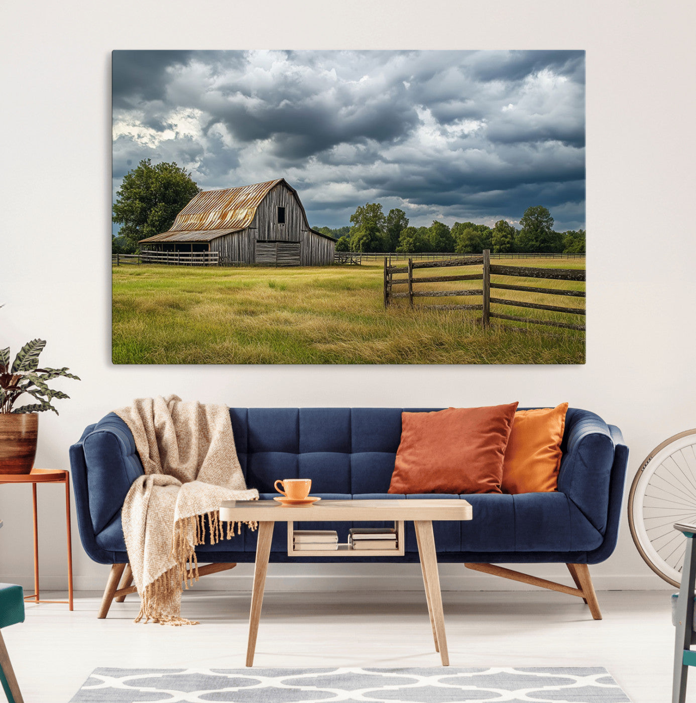 39409517-MGV-CV-36X24-Rustic Stormy Barn Wall Art Canvas Print, Moody Country Farm Landscape with Dramatic Sky Decor for Home, Office
