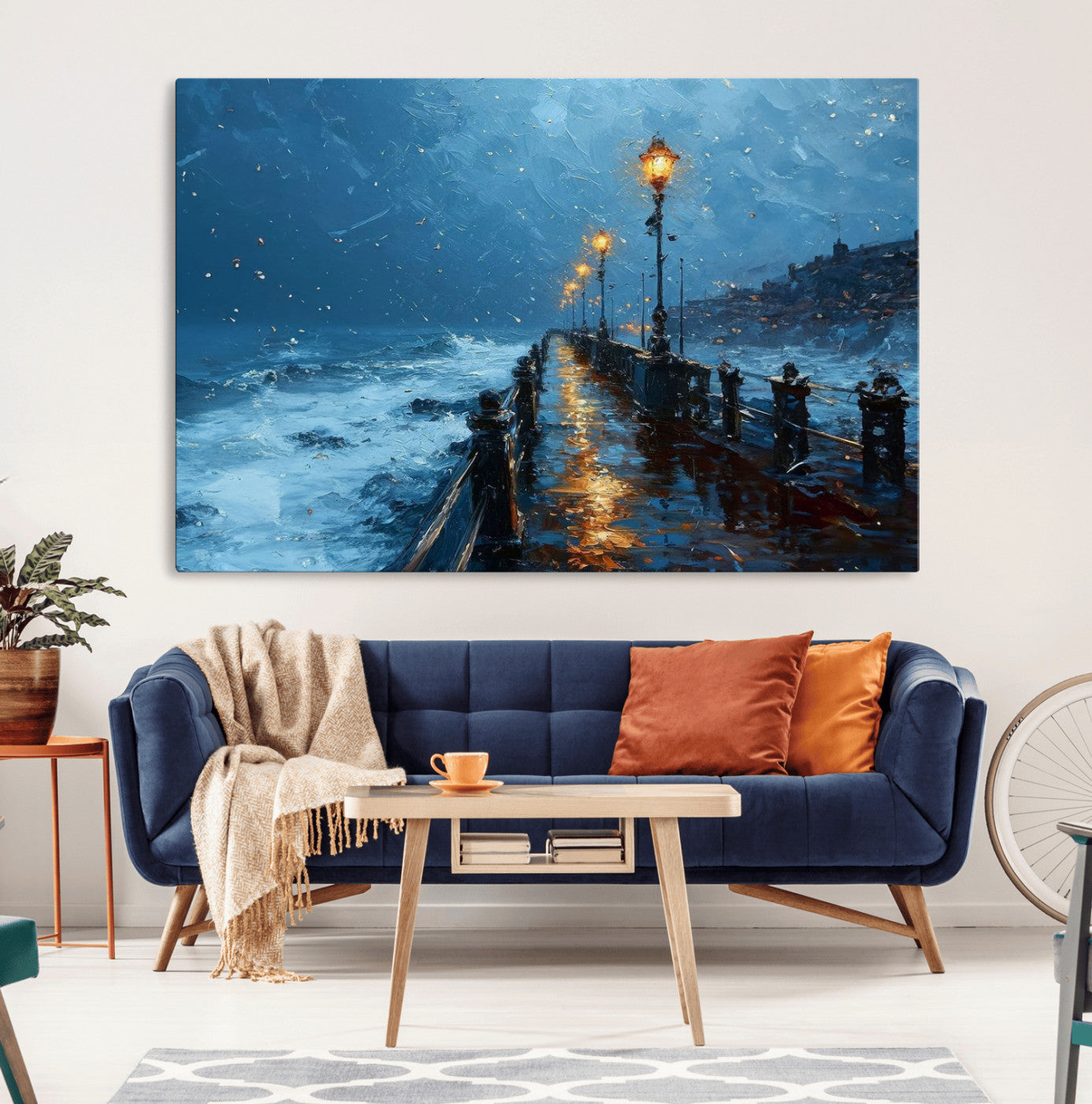 "Impressionistic painting of a stormy pier with street lamps glowing, waves crashing, and a misty ocean under a blue sky."