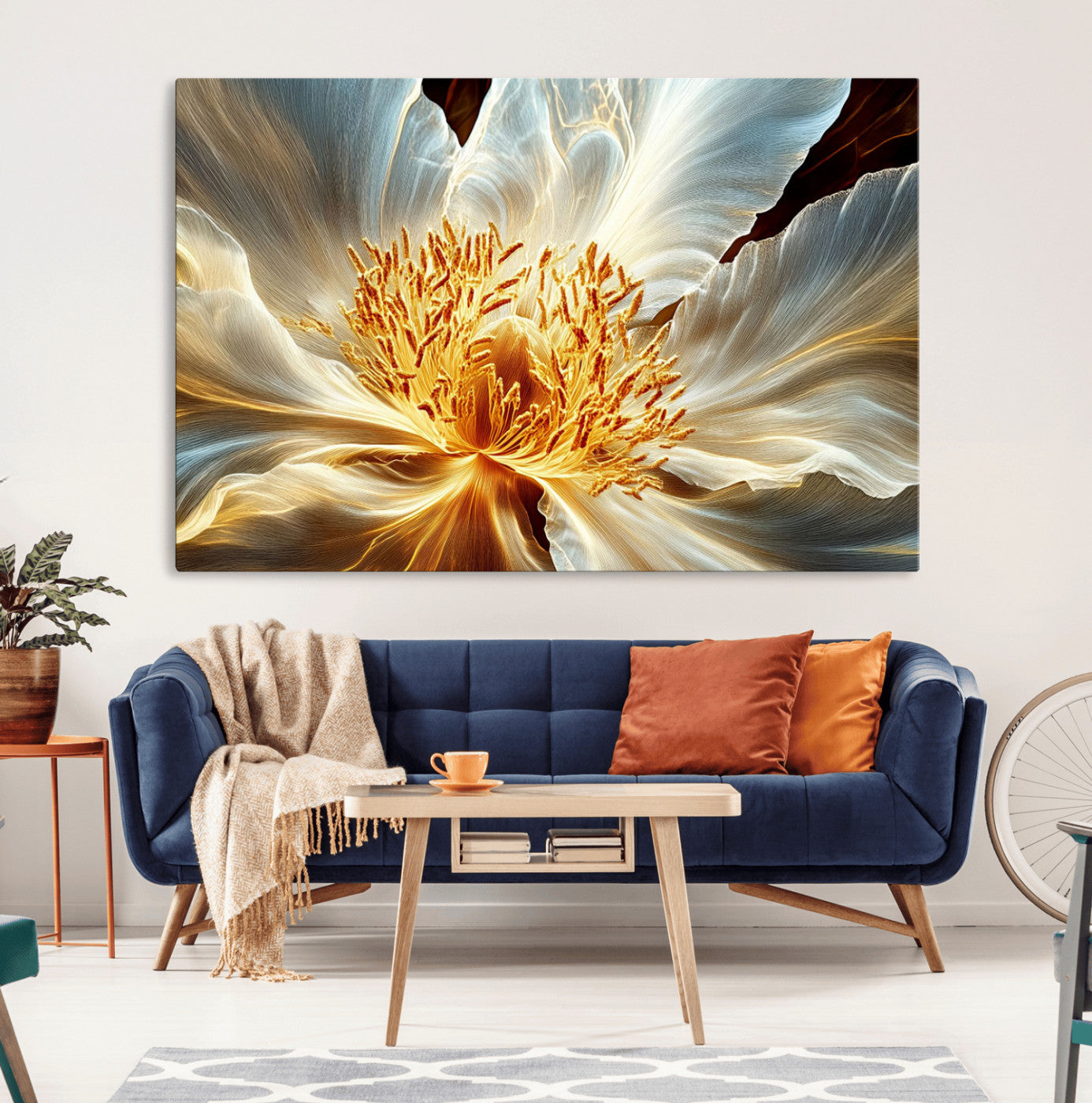 "Close-up of a glowing, abstract flower with delicate white petals and vibrant golden-yellow stamen against a dark background."