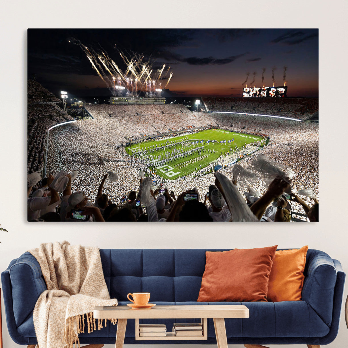 11221988-MGV-CV-36X24 - Epic Night Football Stadium Wall Art Canvas Print, Fireworks and Crowd Energy Game Day Excitement Decor for Home, Office