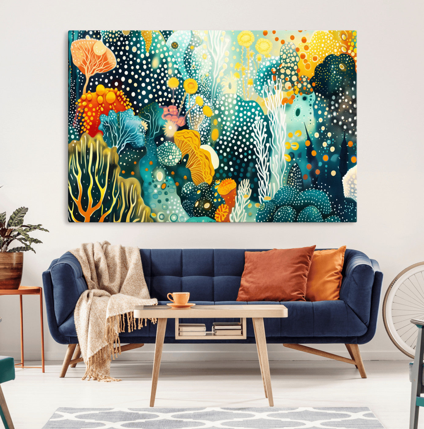 Abstract underwater coral reef illustration with vibrant colors, dotted textures, and stylized marine flora – Wall Art Canvas Print.