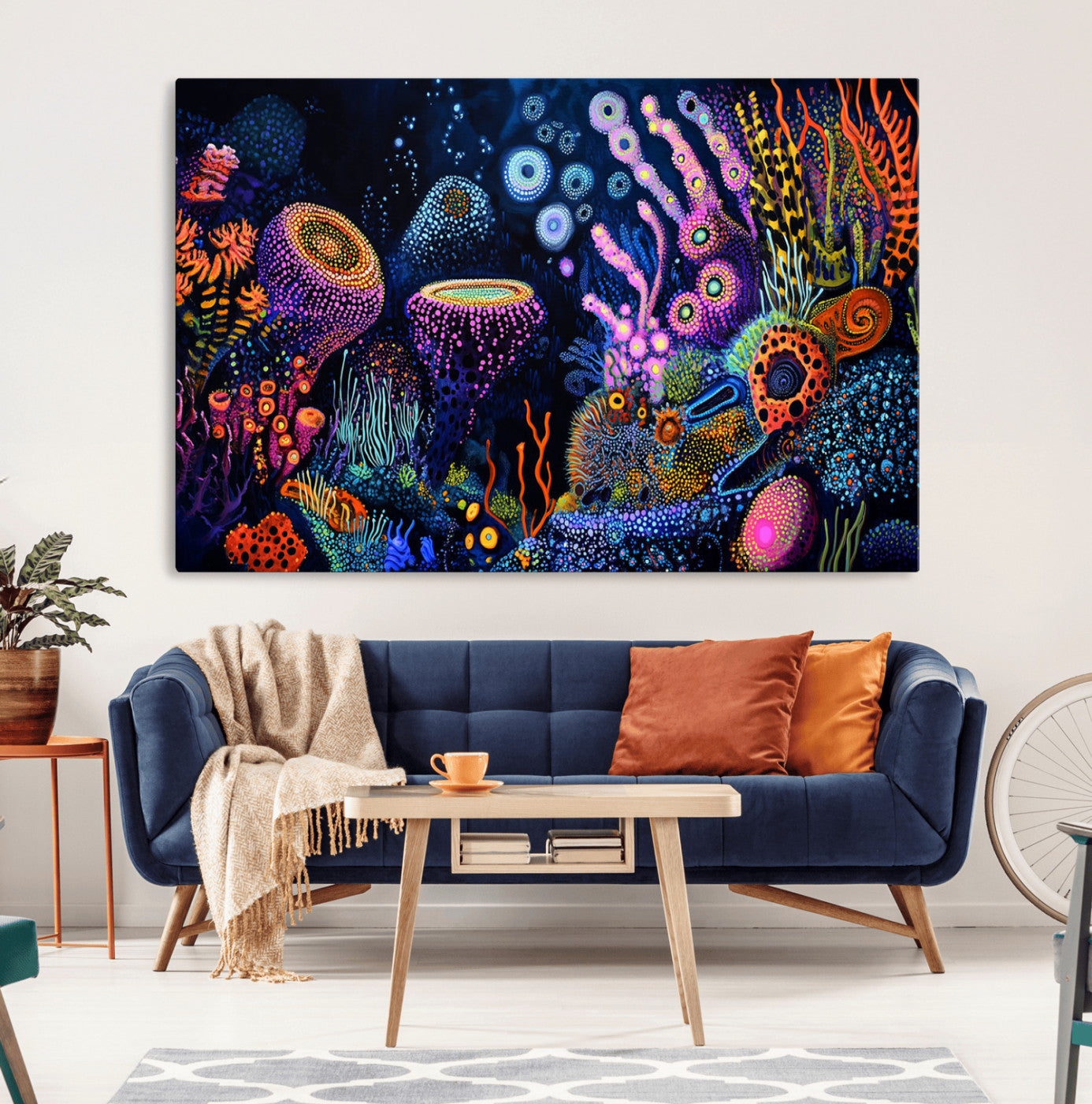 Vibrant and colorful abstract underwater coral reef artwork with diverse shapes and glowing patterns – Wall Art Canvas Print.