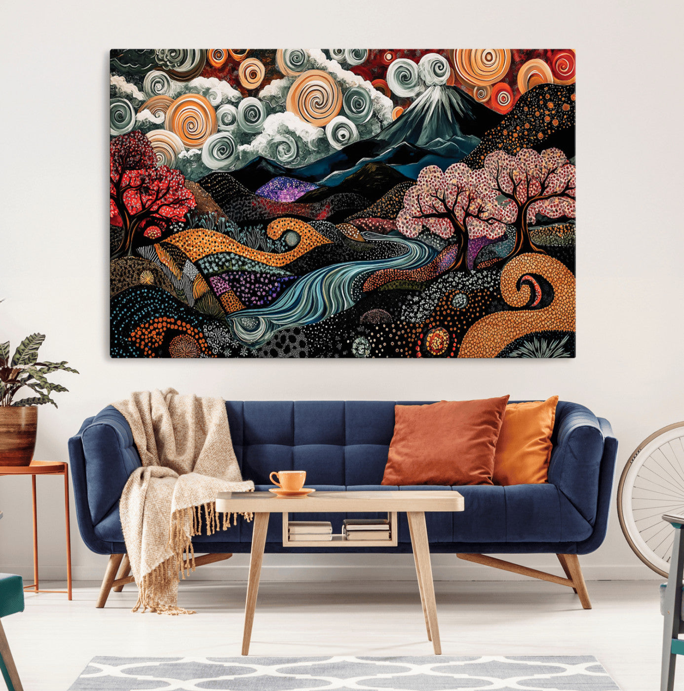 Vibrant abstract landscape painting featuring swirling clouds, colorful trees, flowing river, and textured hills under a mountain – Wall Art Canvas Print.