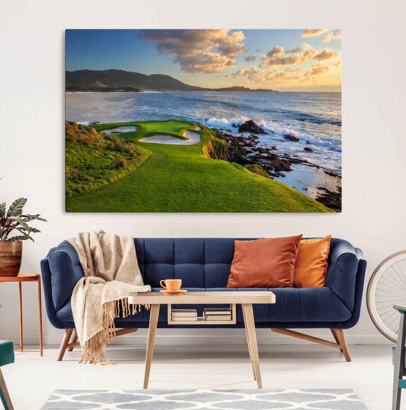 67486665-MGV-CV-36X24-Coastal Golf Course Wall Art Canvas Print – Sunset with Rolling Green Fairways and Ocean Waves Artwork for Home, Office