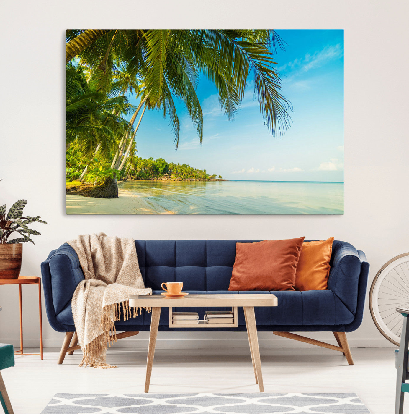 MGV-CV-36X24 - Peaceful Tropical Beach with Palm Trees and Calm Blue Sea – Serene Coastal Wall Art Canvas Print for