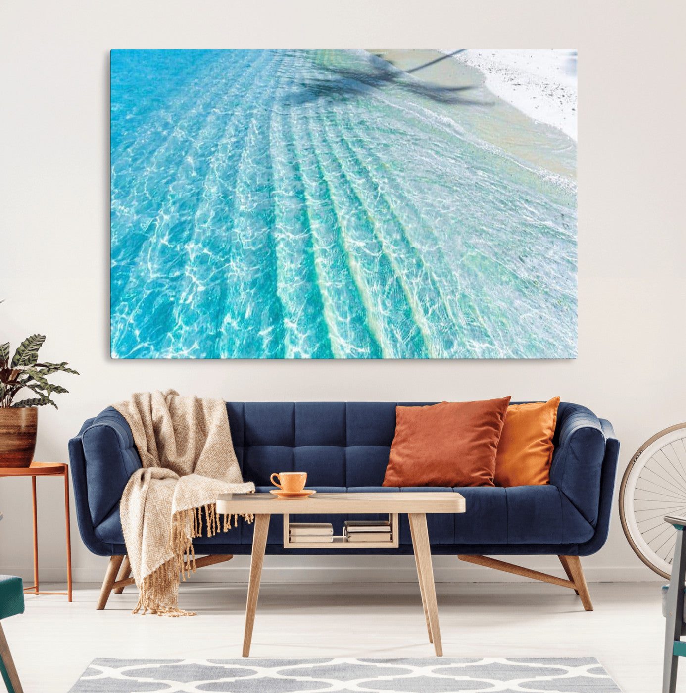 17528159-MGV-CV-36X24-Crystal Clear Shallow Ocean Water with Sunlight Reflections and Palm Tree Shadow on Sandy Beach – Beautiful Wall Art Canvas Print for Coastal Decor