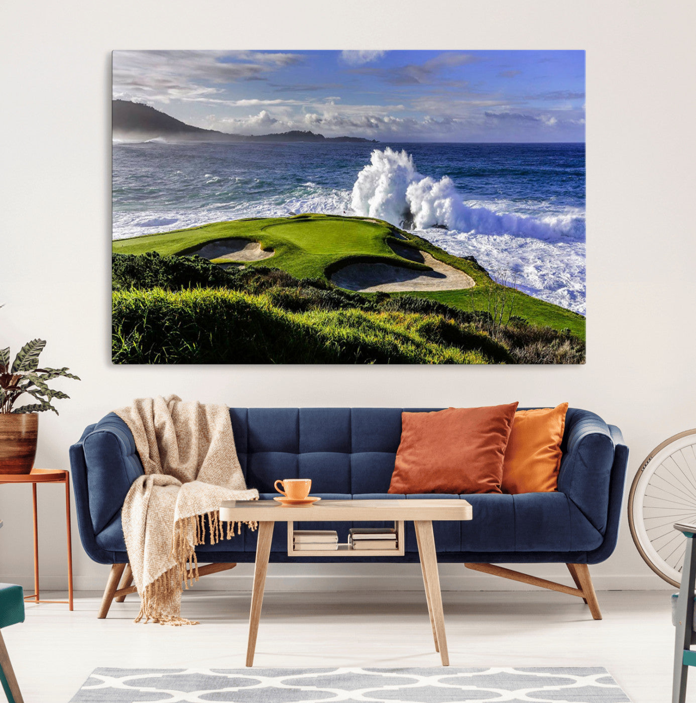 78508908-MGV-CV-36X24-Dramatic Ocean Waves Crashing Against Rocky Coastline Near a Green Golf Course – Stunning Wall Art Canvas Print for Nature and Sports Lovers