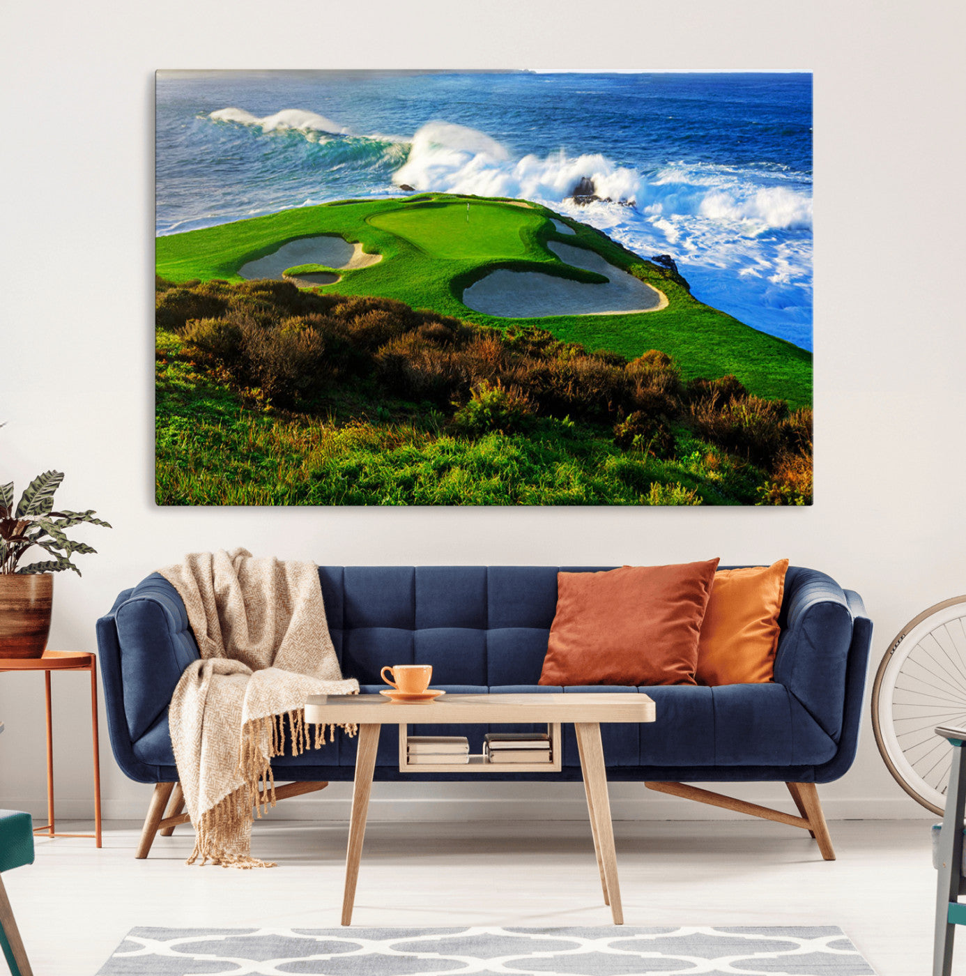 34181847-MGV-CV-36X24-Coastal Golf Course Wall Art Canvas Print – Vibrant Green with Sand Bunkers Overlooking Ocean Waves Artwork for Home, Office