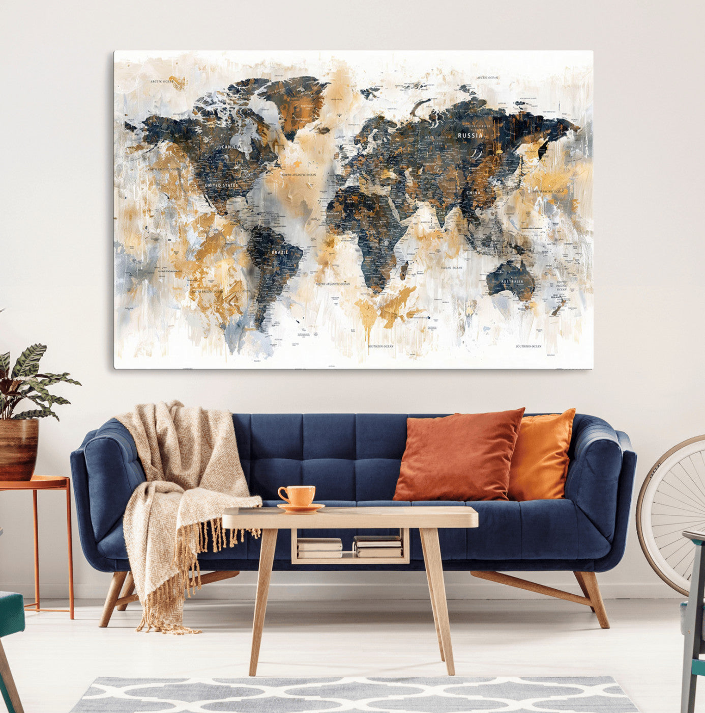 Artistic world map with textured brush strokes in shades of gold, navy blue, and white, showing continents and countries with an abstract, painterly effect.
