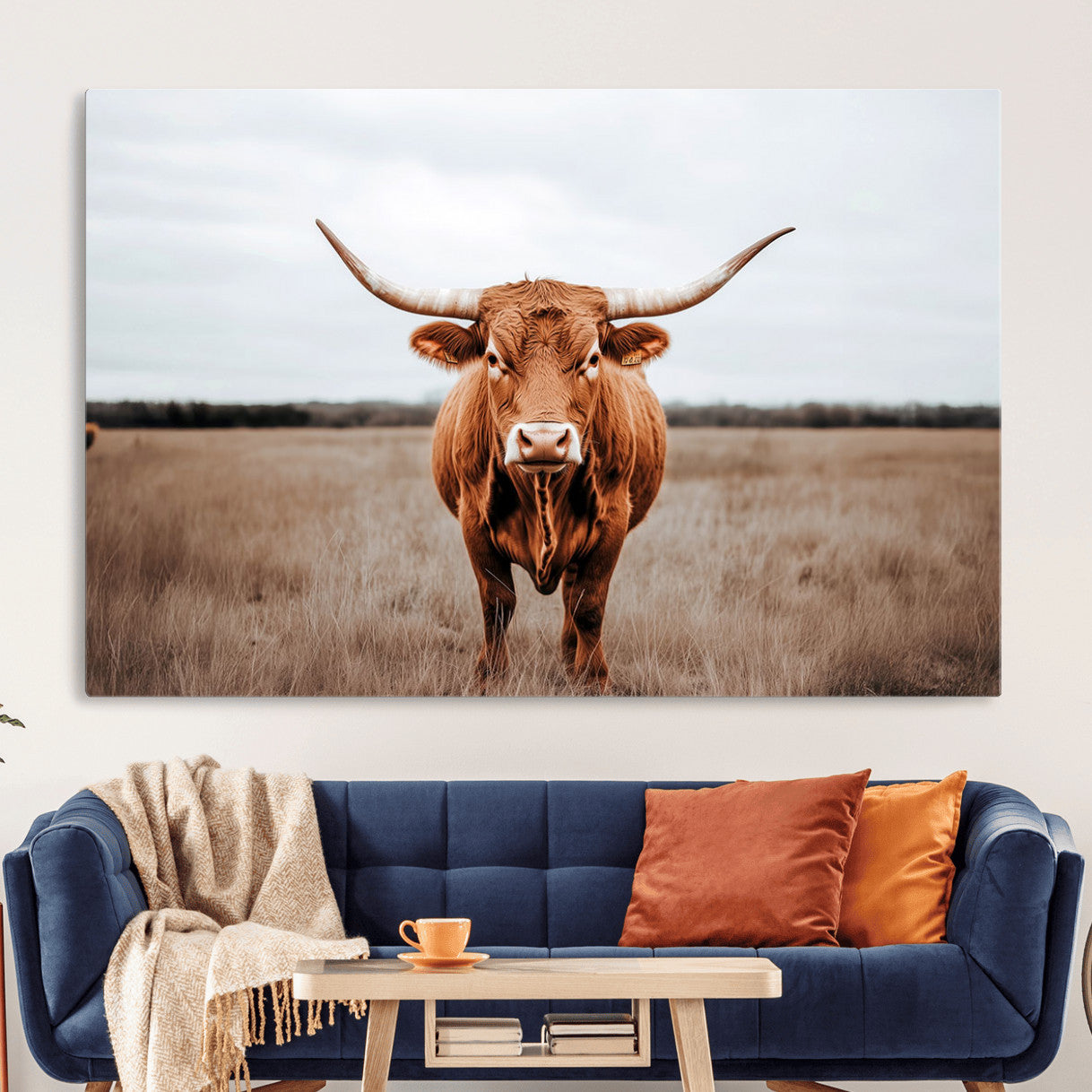 16316734-MGV-CV-36X24 - Longhorn bull, open field, rustic charm, natural beauty, Wall Art Canvas Print, countryside,