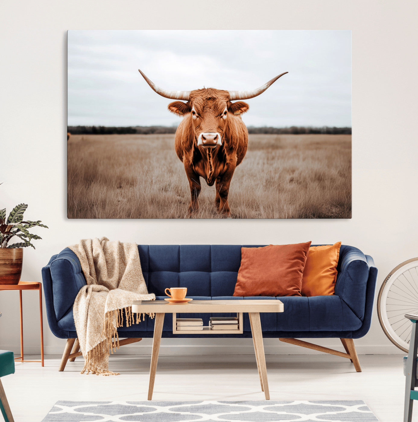 MGV-CV-36X24 - Longhorn bull, open field, rustic charm, natural beauty, Wall Art Canvas Print, countryside,