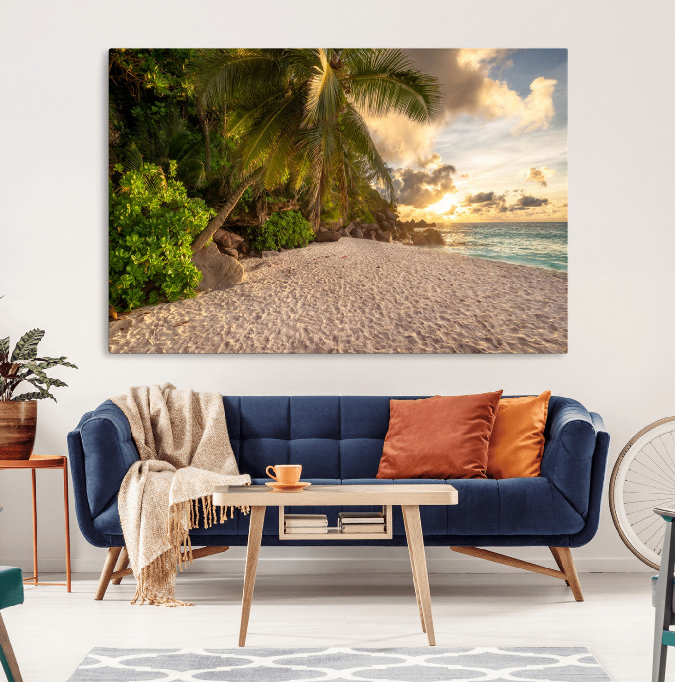 89531159-MGV-CV-36X24-Tropical beach sunset, palm trees, white sand, ocean waves, golden sky, serene landscape, nature beauty, tranquil shore, Wall Art Canvas Print