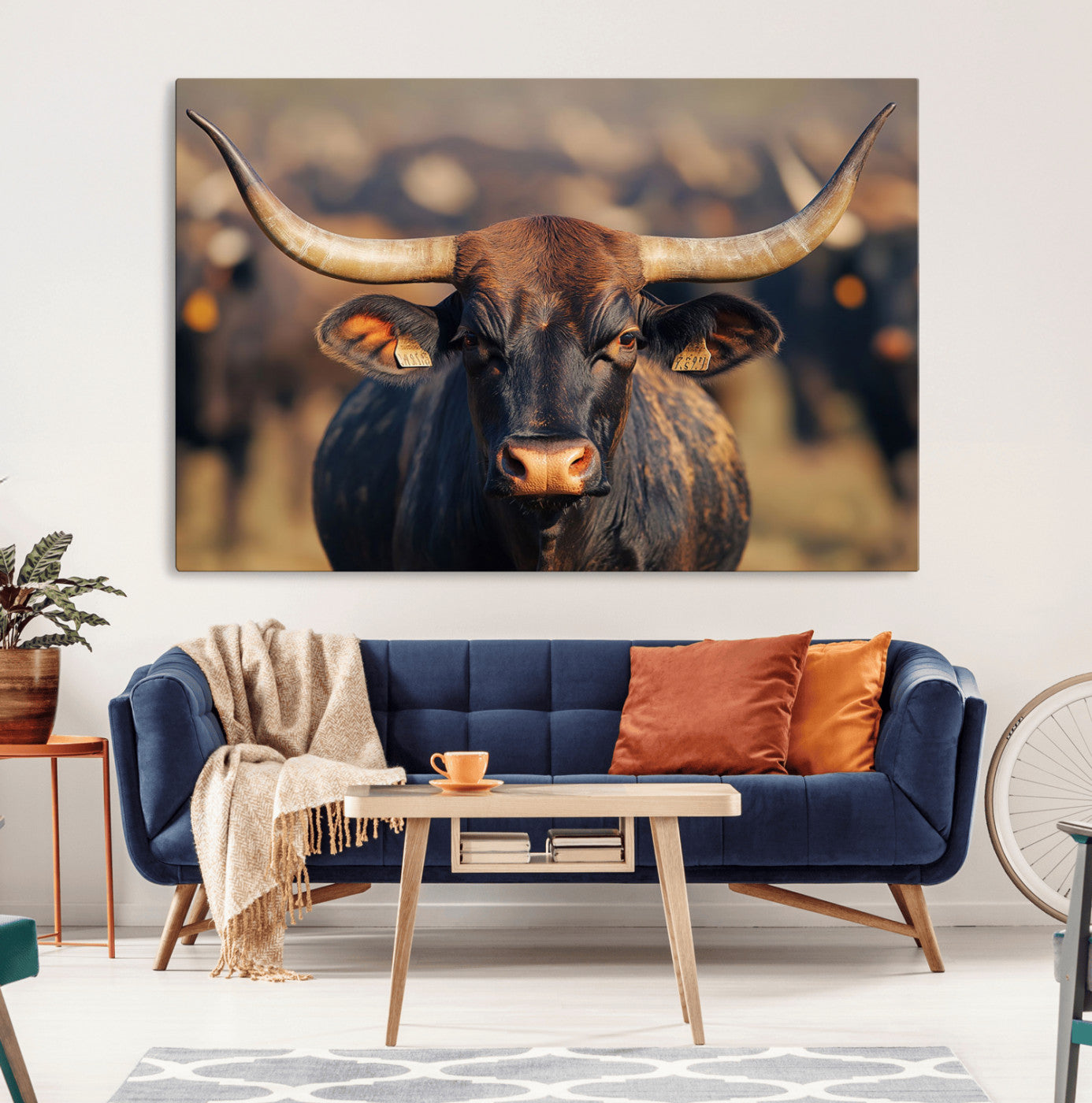 35515971-MGV-CV-36X24-Majestic bull head close-up, long curved horns, detailed fur texture, warm sunlight, focused gaze, Wall Art Canvas Print