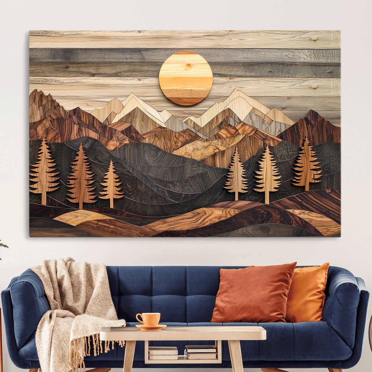 19832326-MGV-CV-36X24 - Wooden Mountain Landscape Layered Texture Geometric Shapes Sun Pine Trees Rustic Natural Tones Art