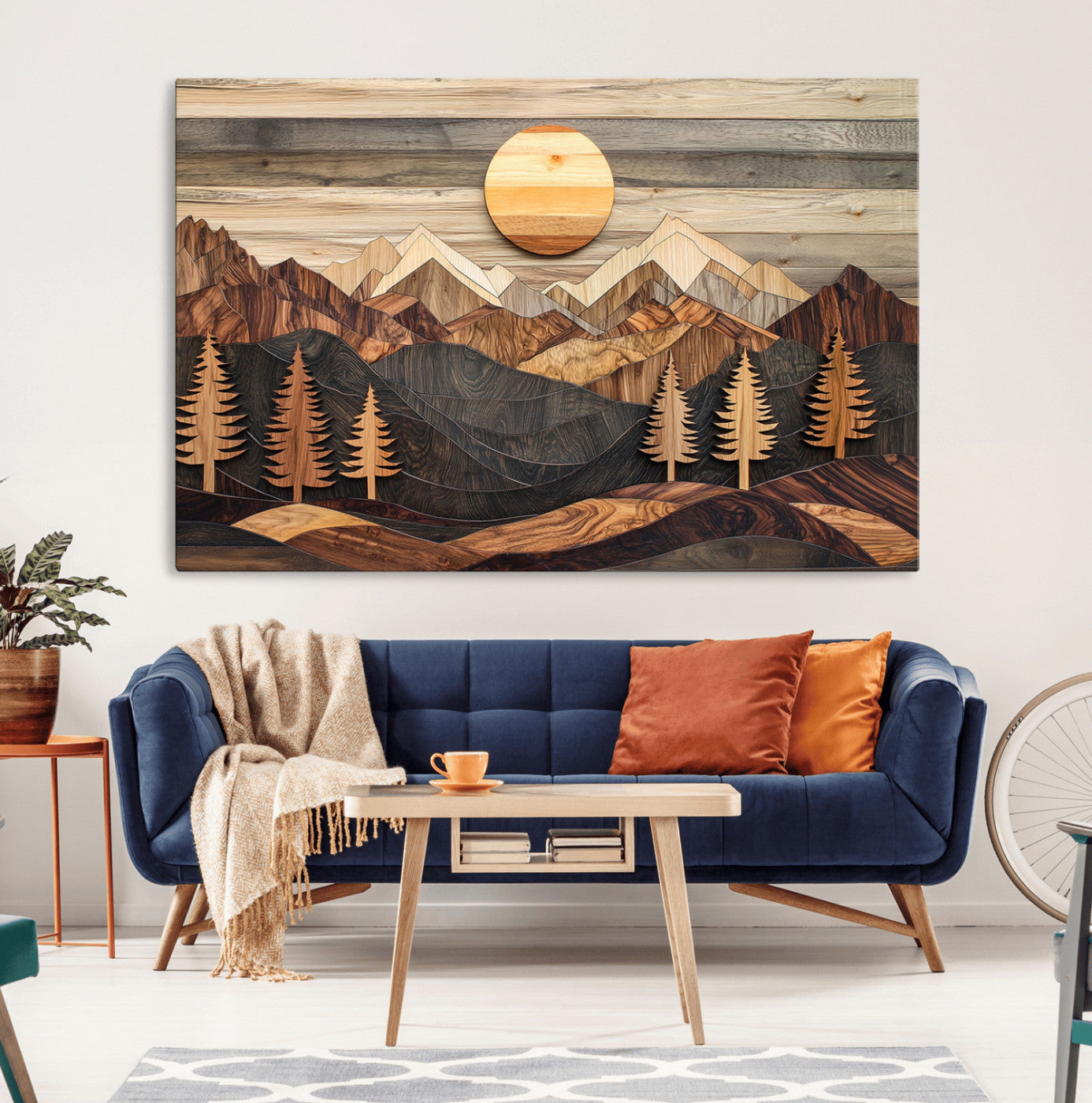 MGV-CV-36X24 - Wooden Mountain Layers Canvas Wall Art – Rustic Pine Tree Landscape with Sunlight Artistic Nature