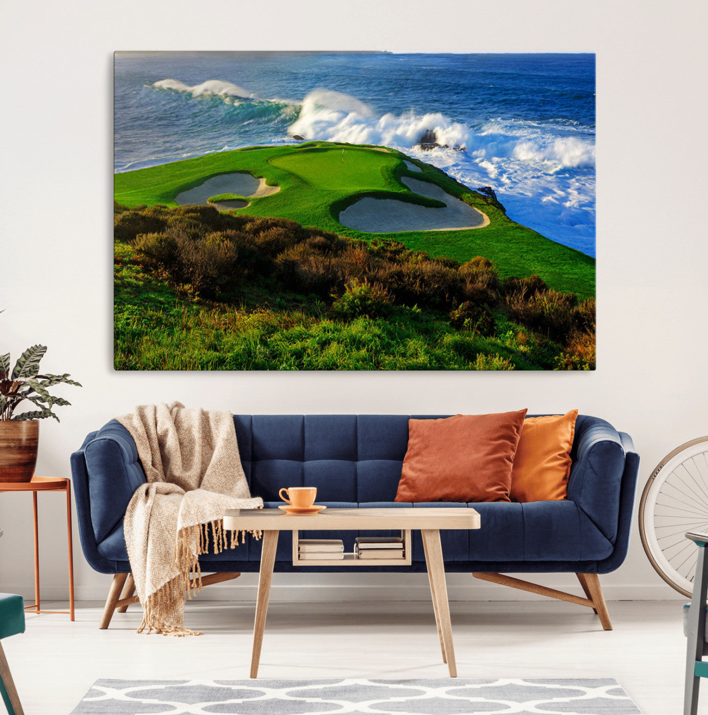 13644055-MGV-CV-36X24-Ocean Cliffside Golf Course Green Waves Surf Sand Bunker Scenic Coastal Landscape Nature Wall Art