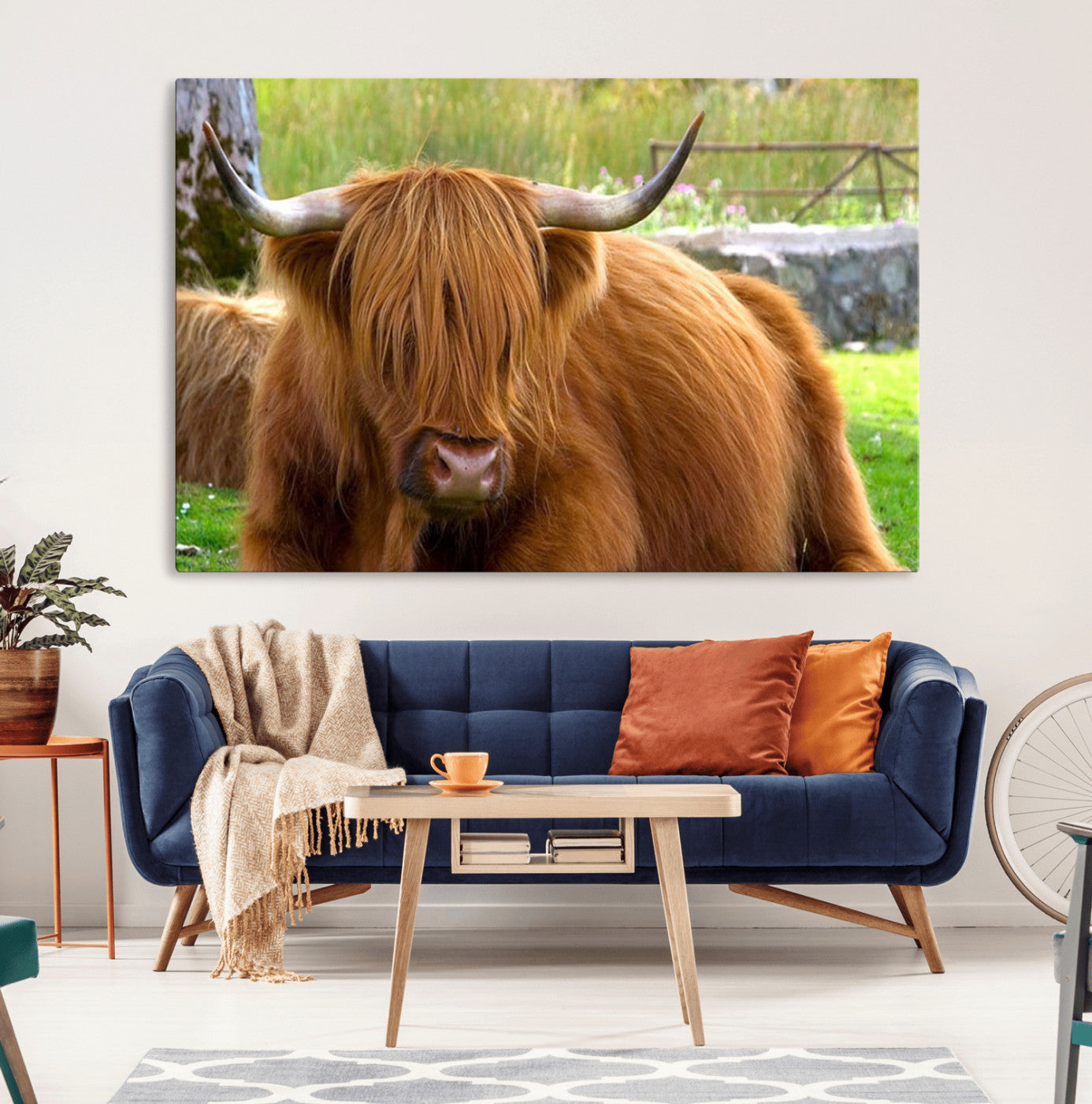 68411138-MGV-CV-36X24-Highland Cow Wall Art Canvas Print, Long Hair Rustic Farm Animal Horns Green Pasture Artwork for Home, Office