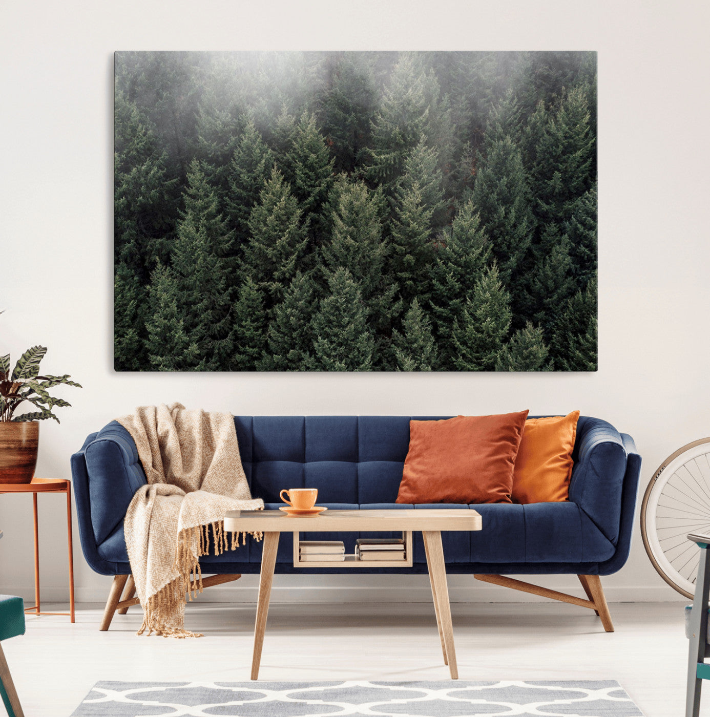 84059409-MGV-CV-36X24-Dense Evergreen Forest Wall Art, Misty Morning Fog, Pine Trees Woodland Nature Canvas Print, Calm Scenic Decor for Home, Office