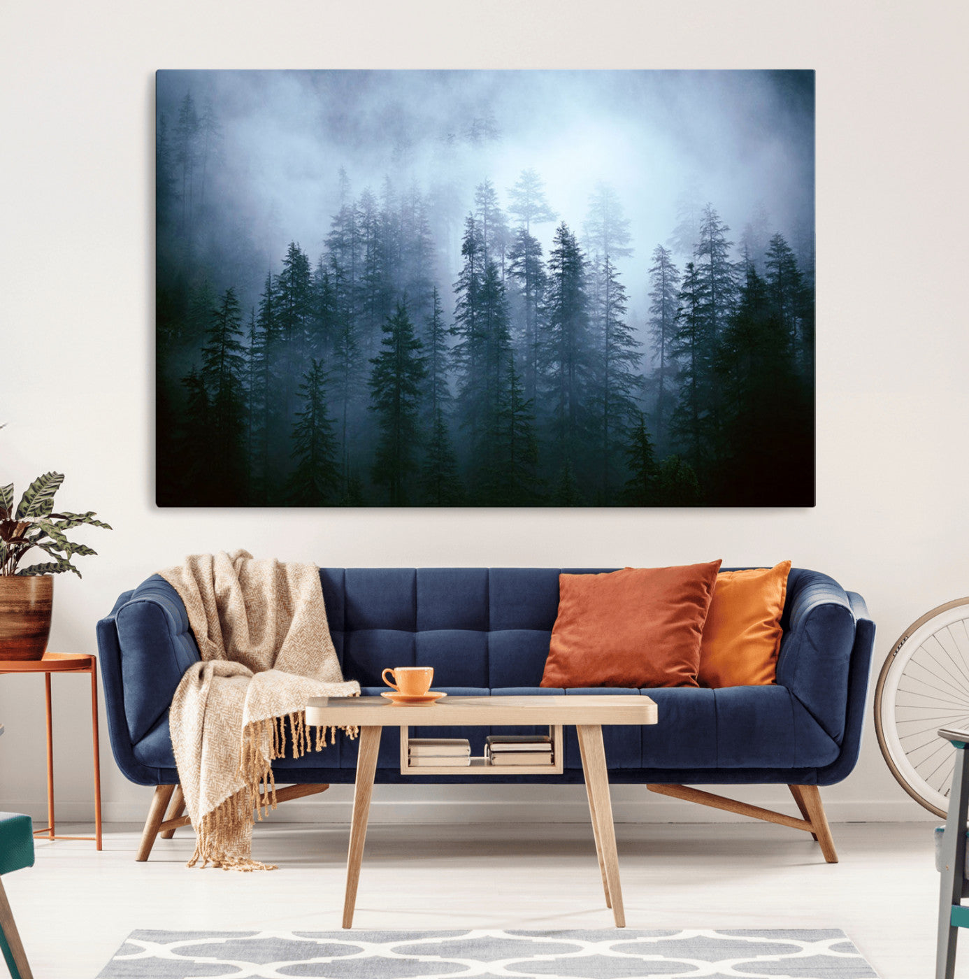 93439624-MGV-CV-36X24-Foggy Evergreen Pines Mist Forest Blue Haze Moody Atmospheric Wilderness Nature Trees Scenic Tranquil Peaceful Landscape Wall Art Canvas Print