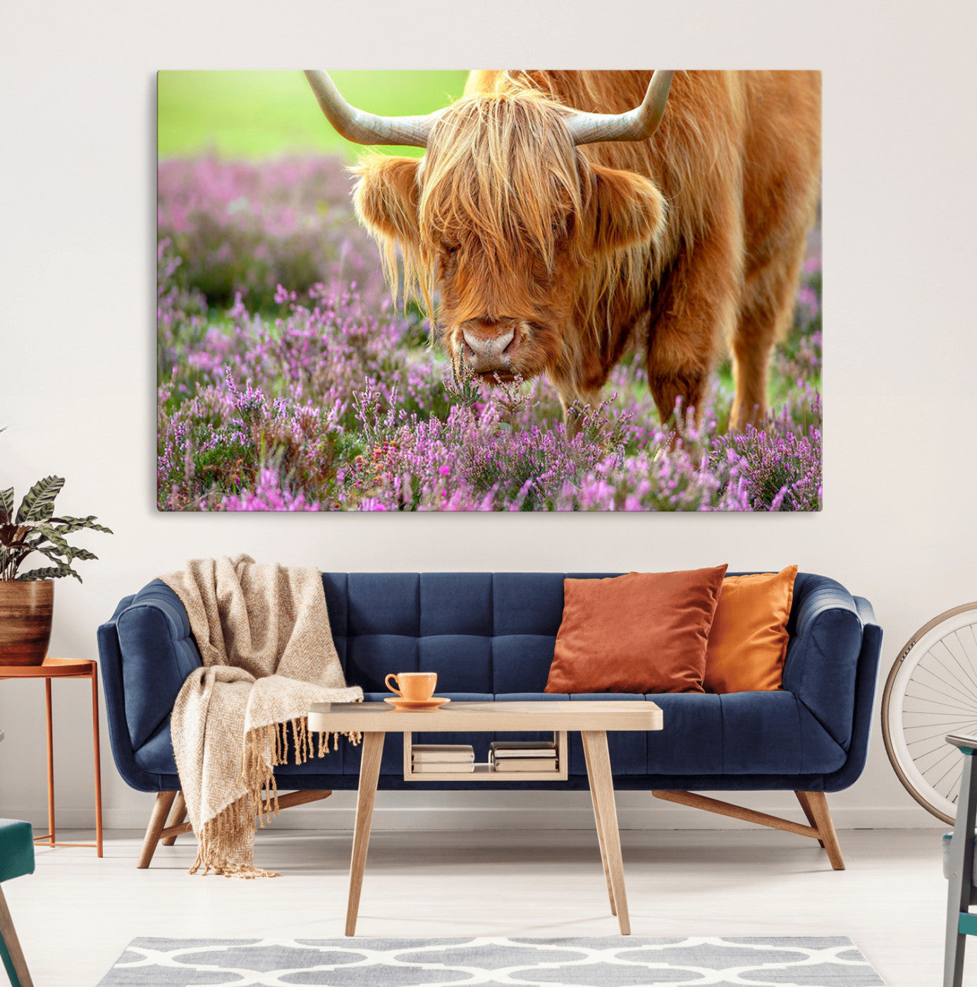 64069351-MGV-CV-36X24-Highland Cow Wall Art Canvas Print – Framed Purple Flowers Scene with Grazing Animal Artwork for Home, Office