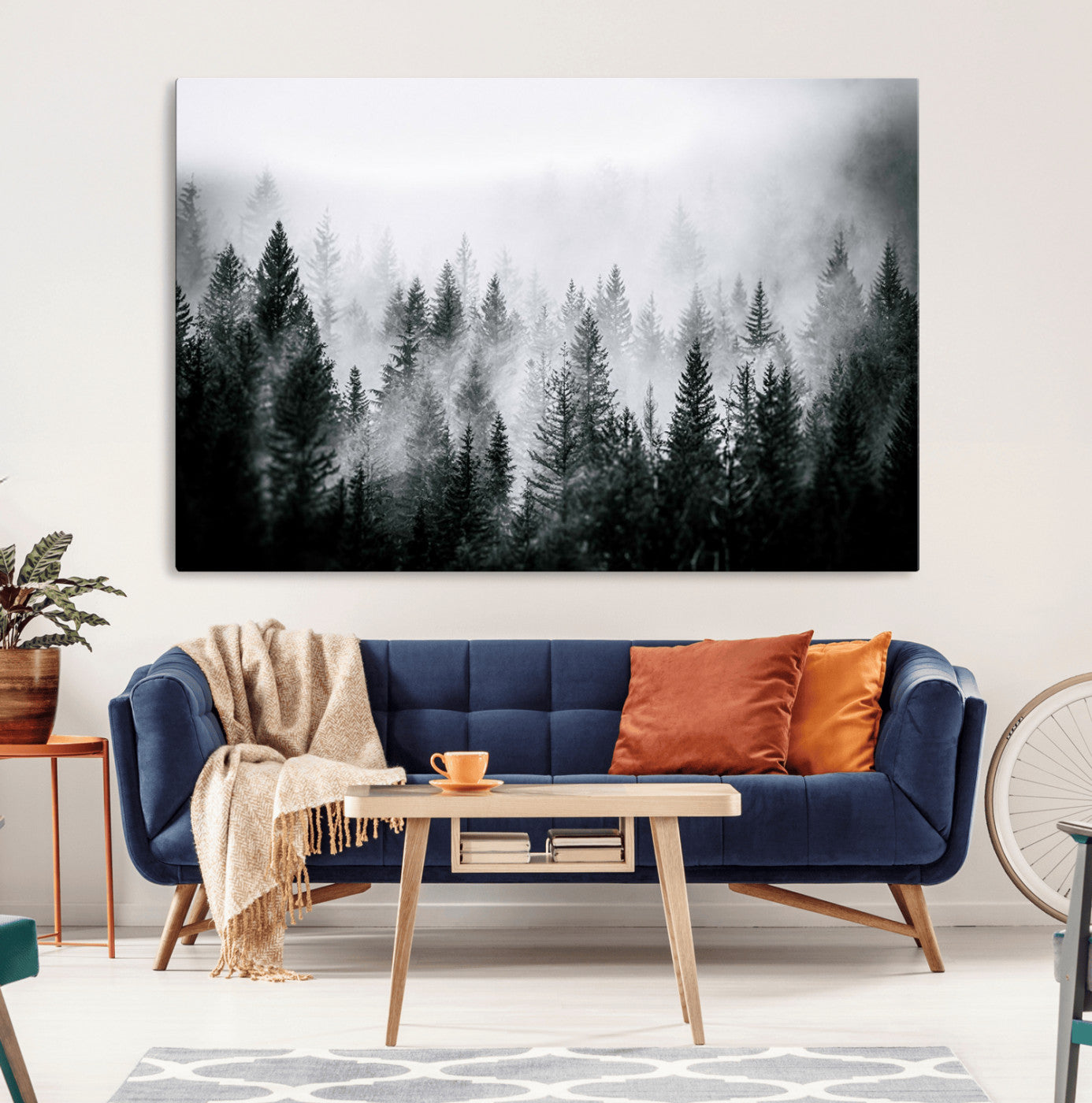 Horizontal black and white canvas wall art of foggy pine forest landscape for modern and rustic home decor