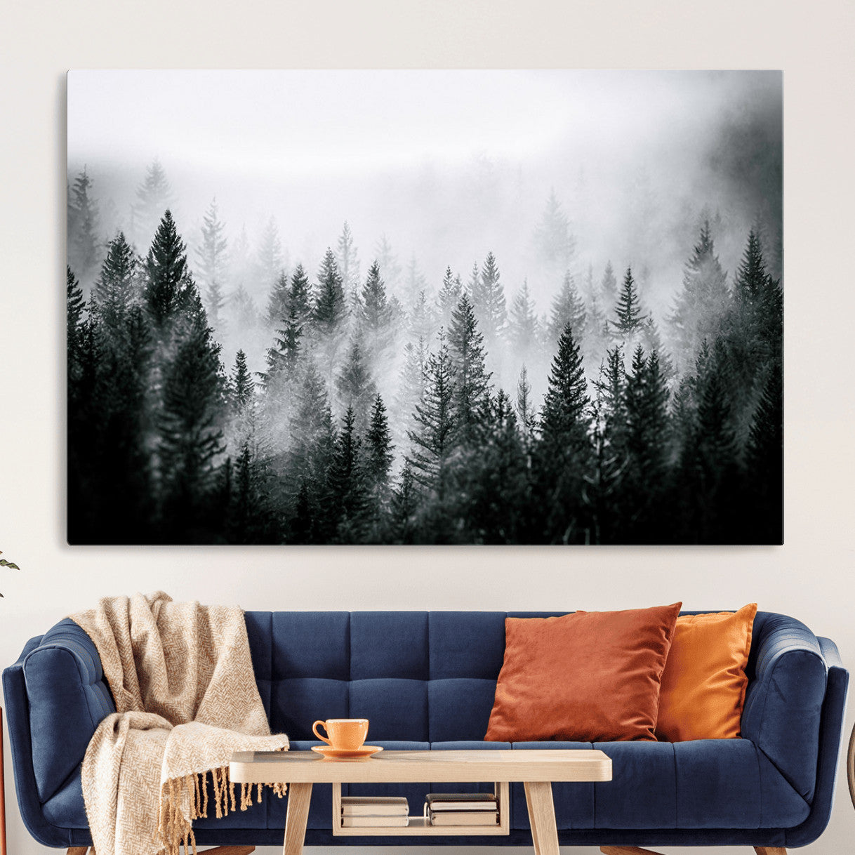 MGV-CV-36X24 - Foggy Pine Forest Canvas Wall Art – Black and White Nature Landscape Print, Horizontal Canvas for