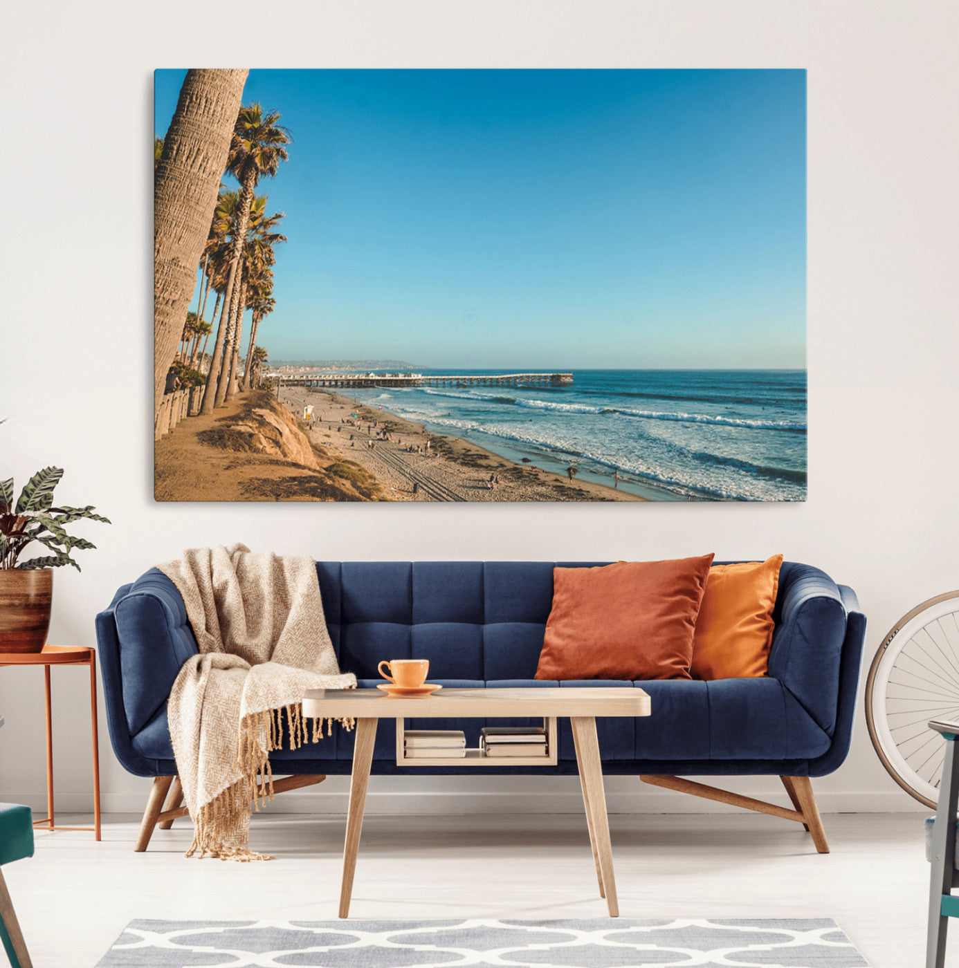 MGV-CV-36X24 - Scenic Beach with Tall Palm Trees, Sandy Shore, and Long Pier Stretching into the Calm Ocean Under