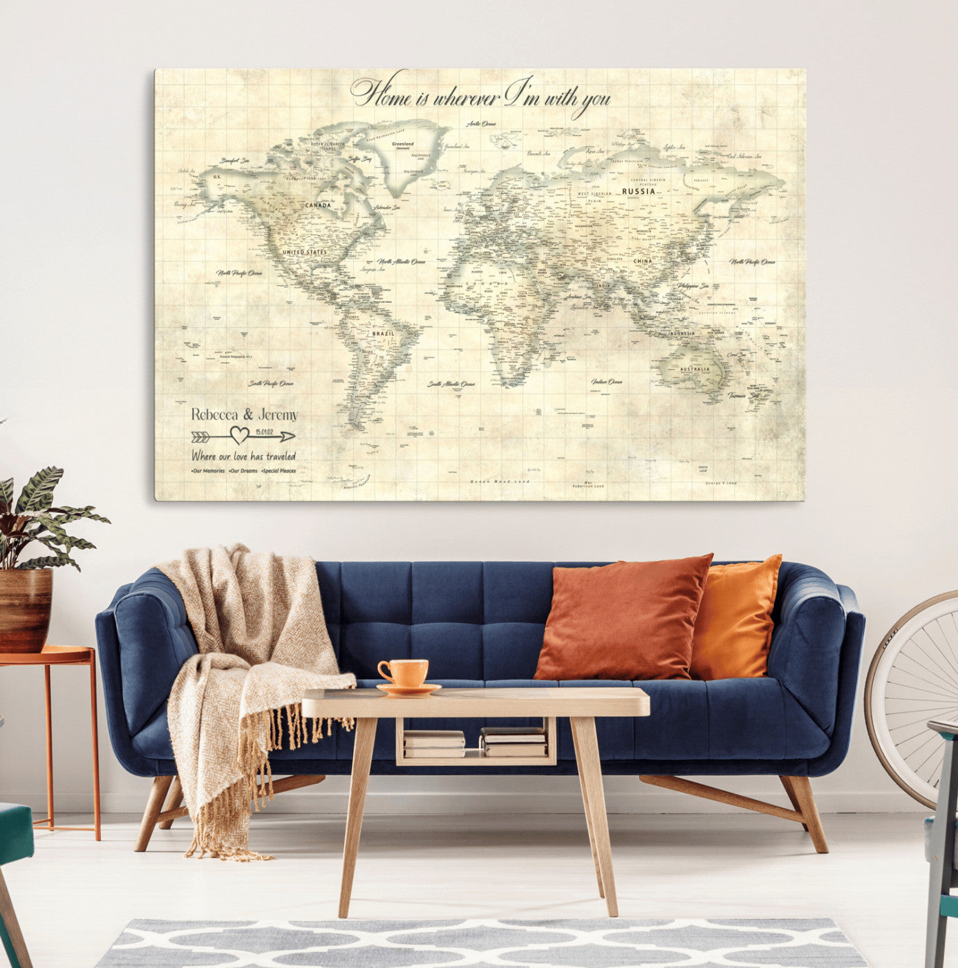 MGV-CV-36X24 - Personalized World Map Wall Art Canvas Print – Custom Push Pin Travel Map for Couples, Families, or Office Décor