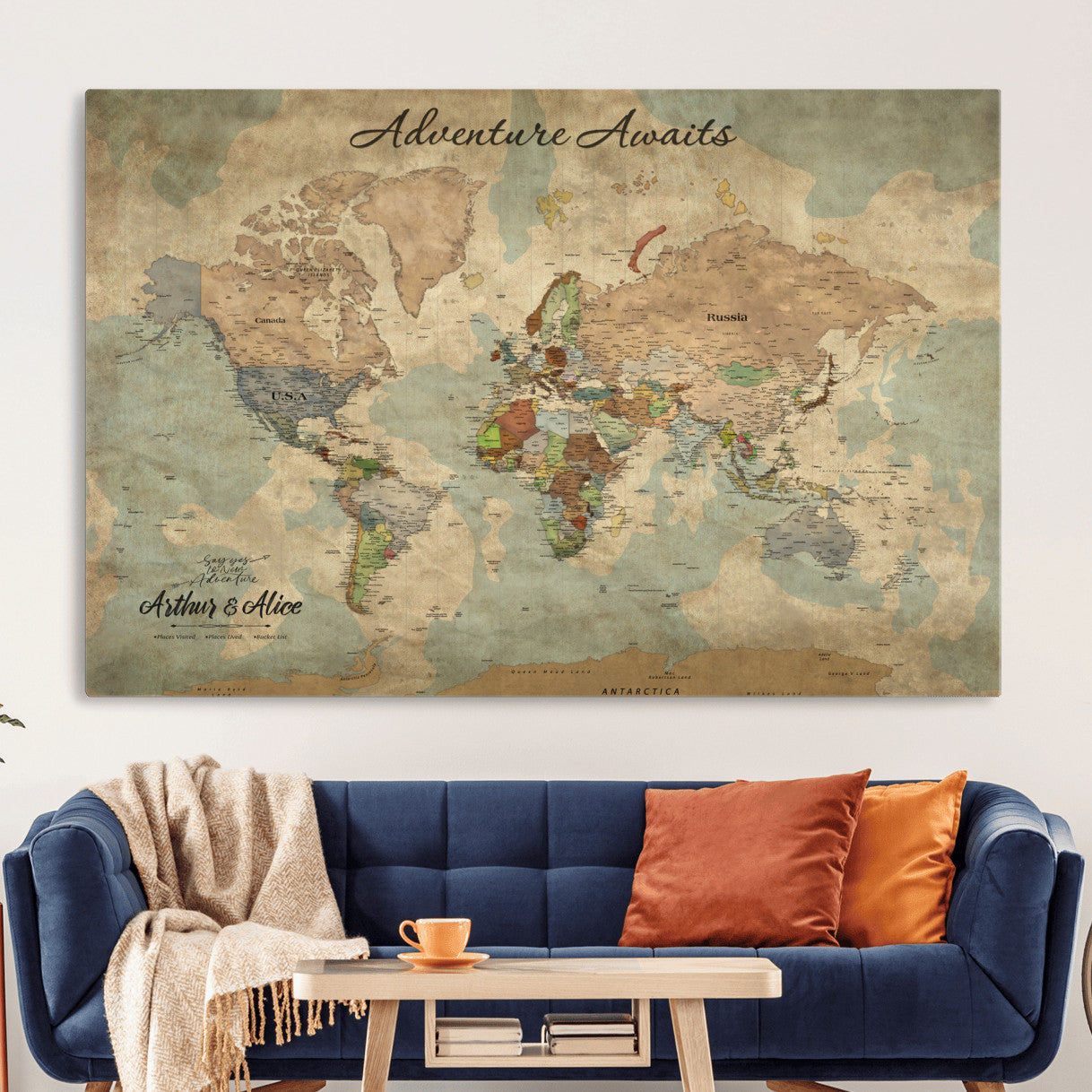 MGV-CV-36X24 - Personalized World Map Wall Art Canvas Print – Custom Push Pin Travel Map for Couples, Families, or Office Décor