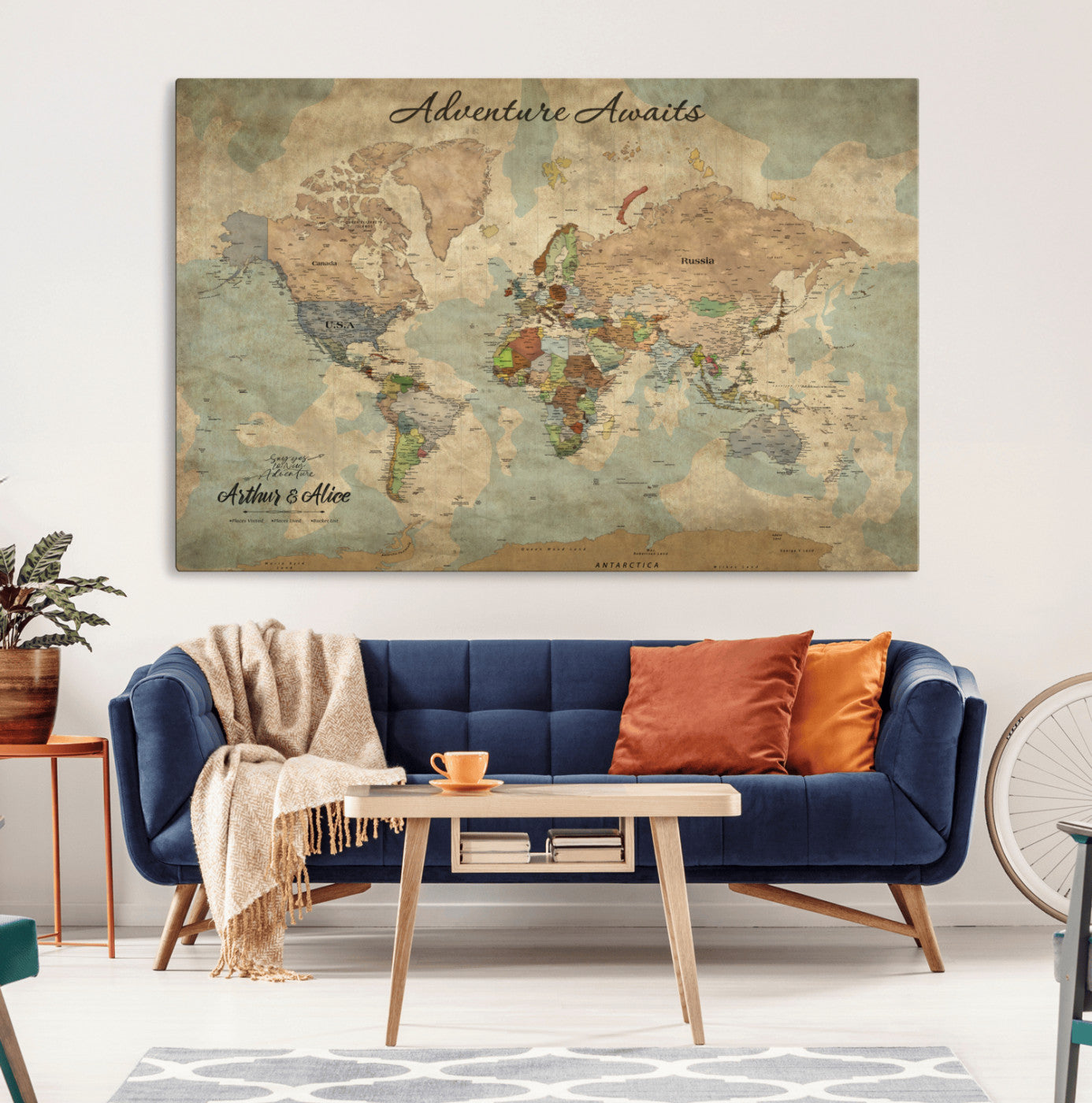 MGV-CV-36X24 - Personalized World Map Wall Art Canvas Print – Custom Push Pin Travel Map for Couples, Families, or Office Décor