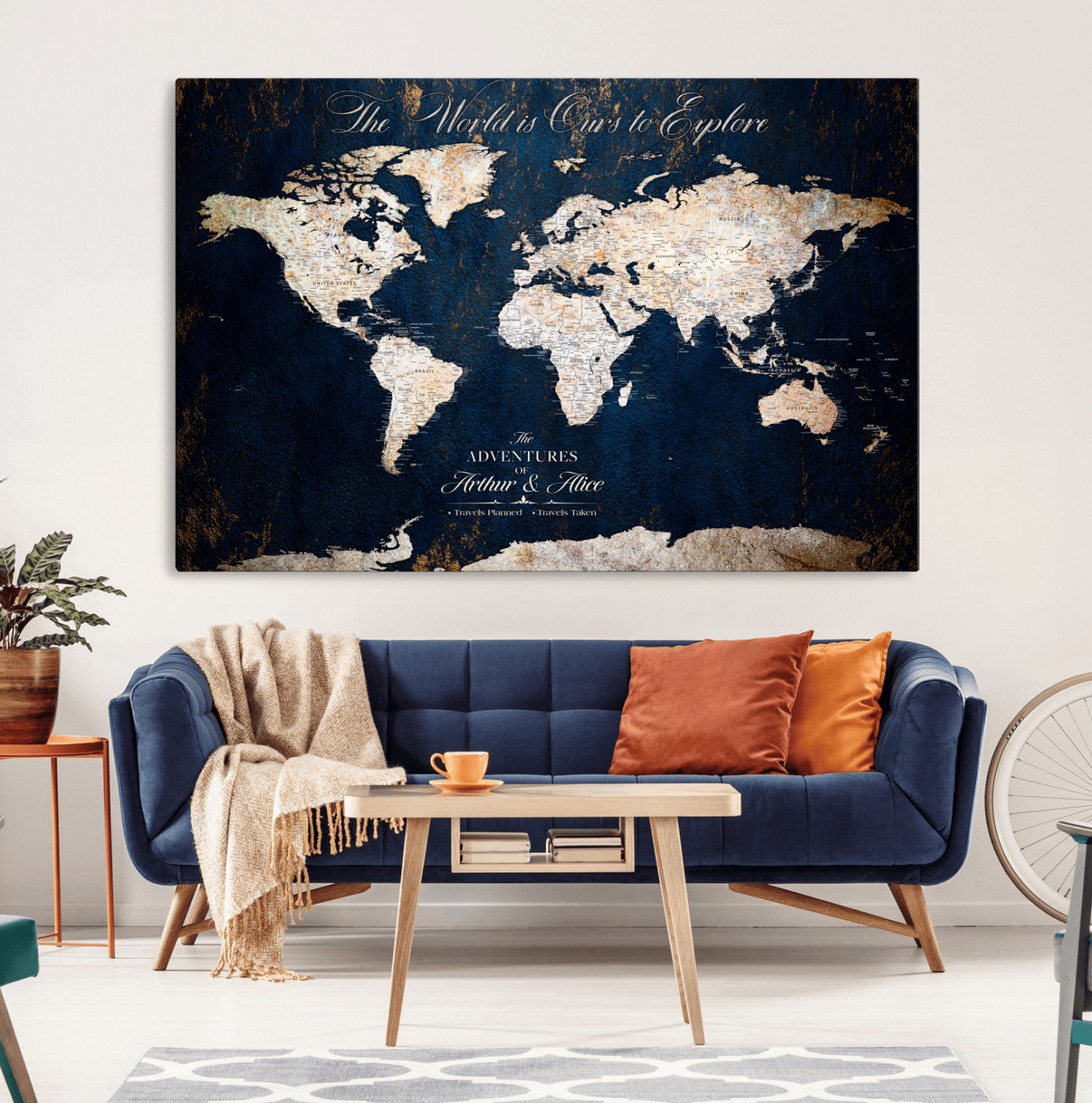 MGV-CV-36X24 - Personalized World Map Wall Art Canvas Print – Custom Push Pin Travel Map for Couples, Families, or Office Décor