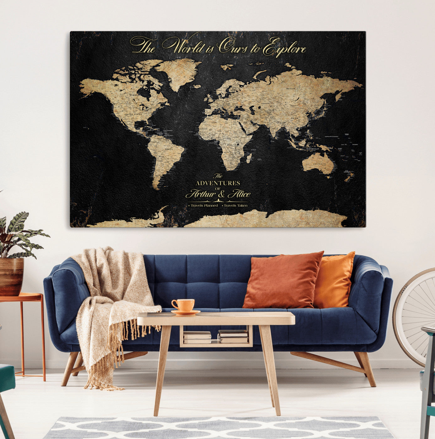 MGV-CV-36X24 - Personalized World Map Wall Art Canvas Print – Custom Push Pin Travel Map for Couples, Families, or Office Décor