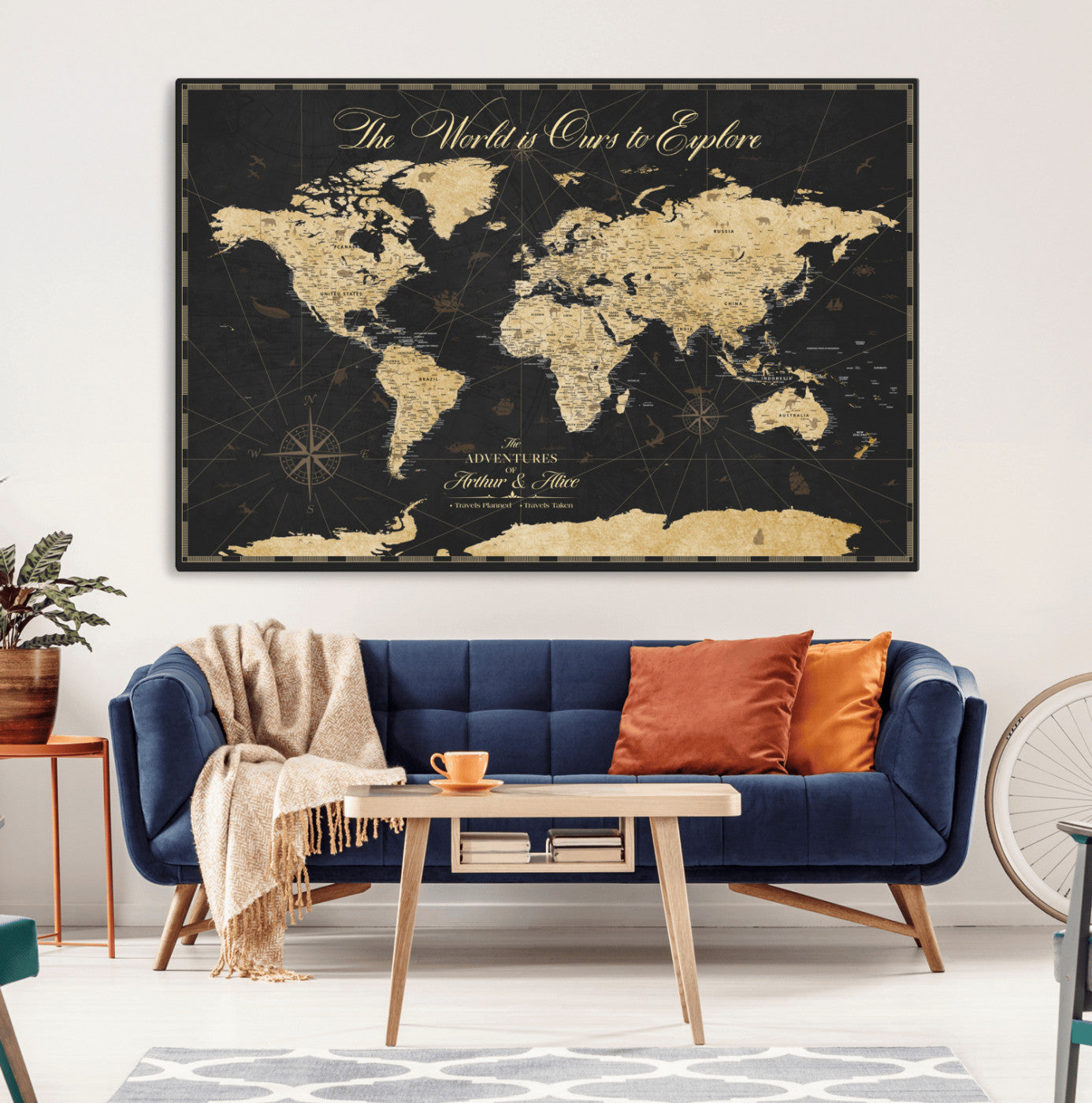 MGV-CV-36X24 - Personalized World Map Wall Art Canvas Print – Custom Push Pin Travel Map for Couples, Families, or Office Décor