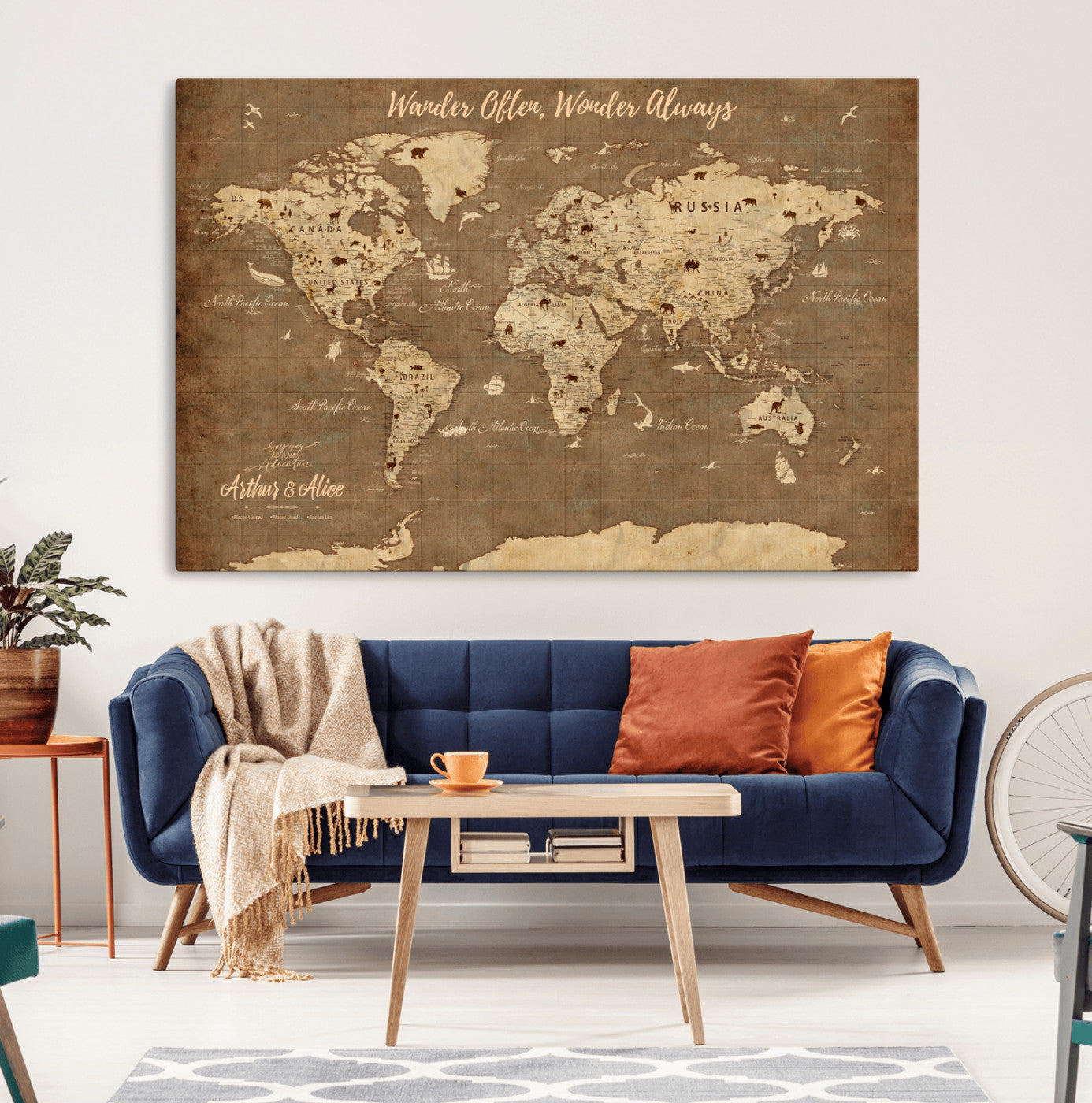 MGV-CV-36X24 - Personalized World Map Wall Art Canvas Print – Custom Push Pin Travel Map for Couples, Families, or Office Décor